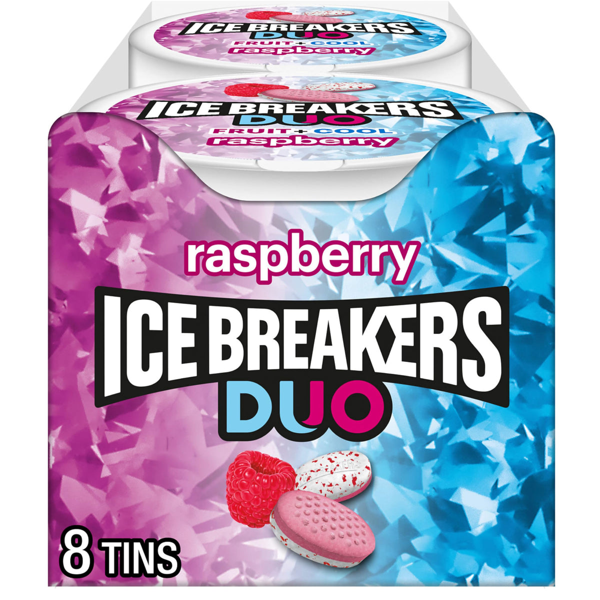 Ice Breakers Duo Raspberry Mints packaged in a compact puck for on-the-go refreshment.