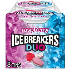Ice Breakers Duo Raspberry Mints packaged in a compact puck for on-the-go refreshment.