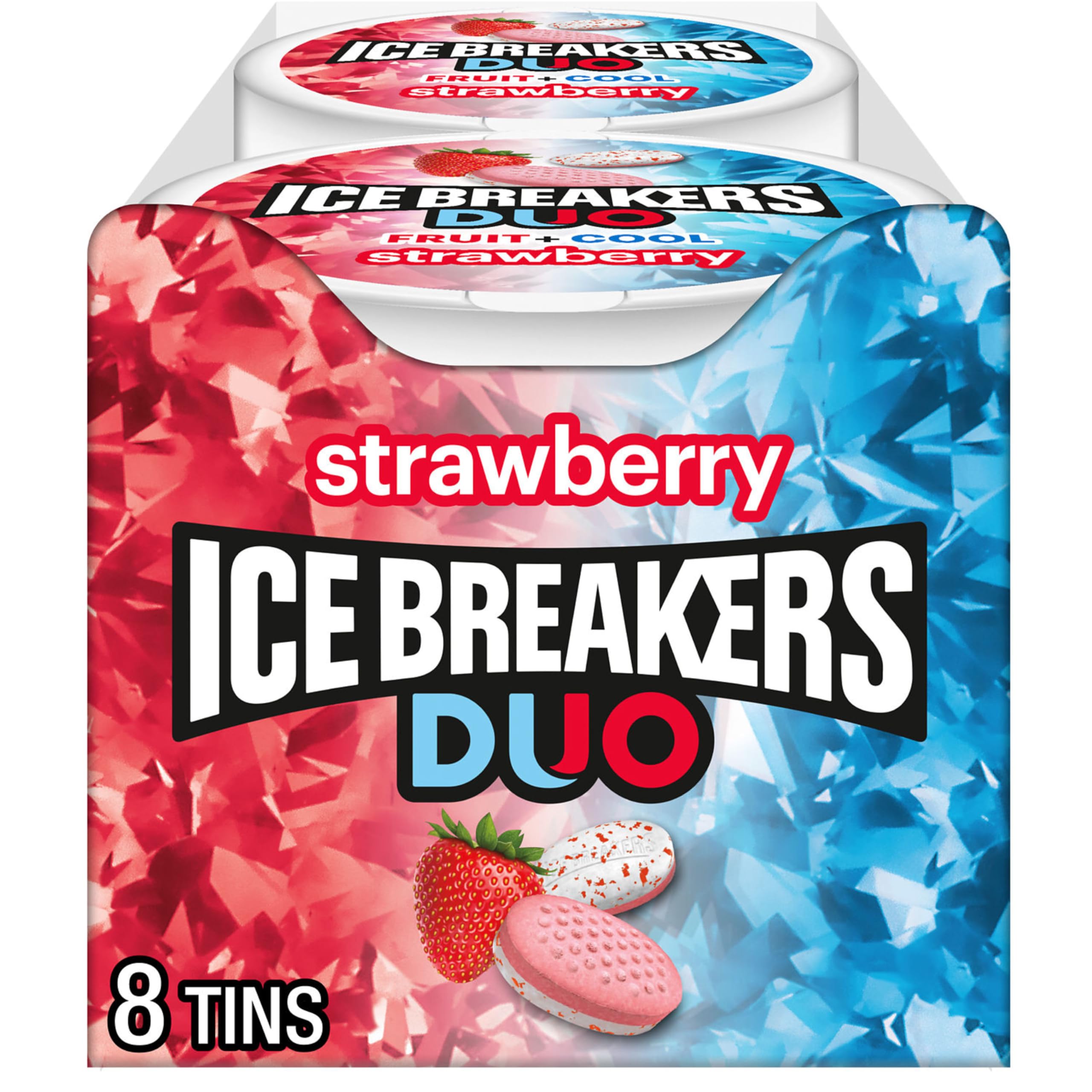 Ice Breakers Duo strawberry mints in puck packaging for quick fresh breath
