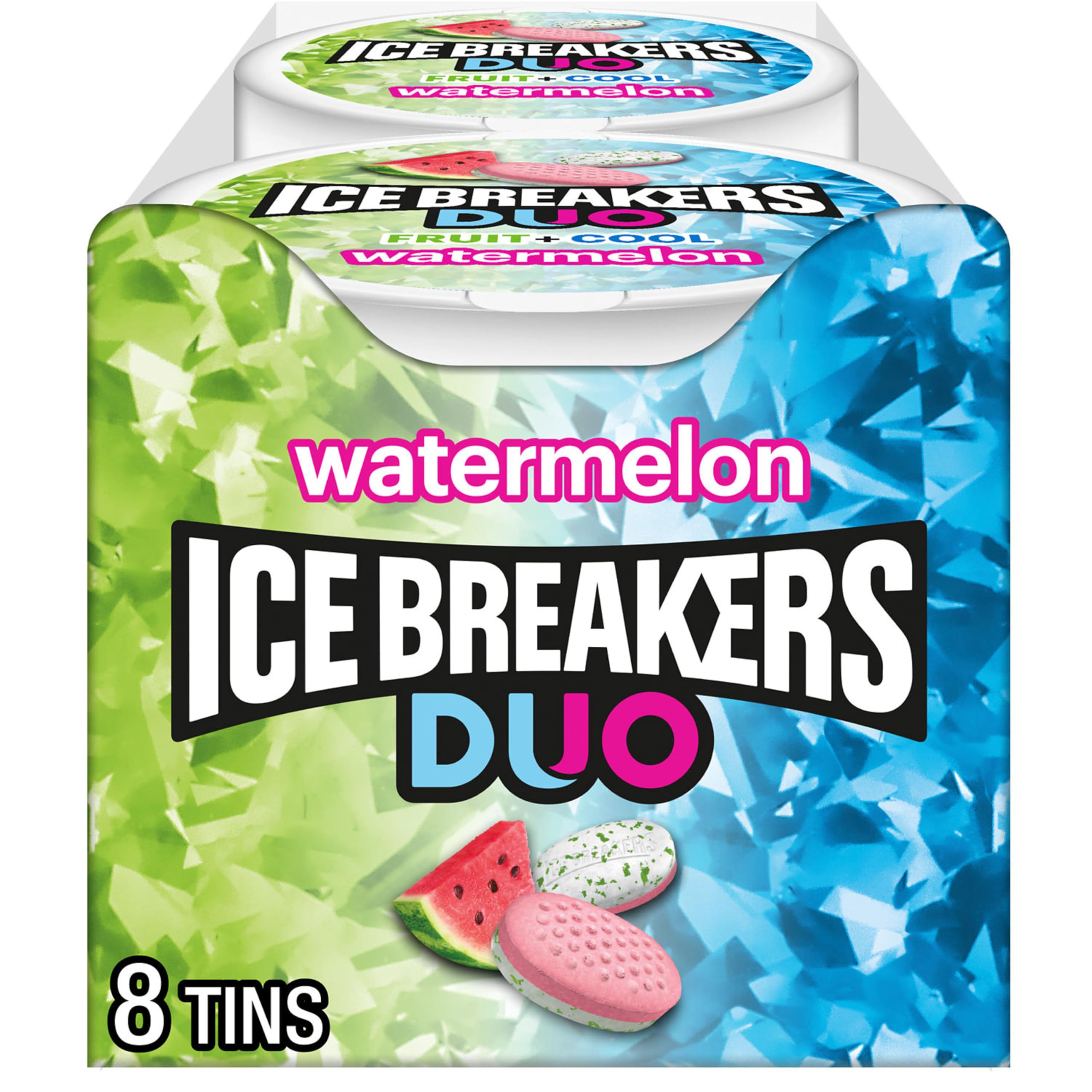 Ice Breakers Duo Watermelon tin packaging showing portable sugar-free mints for on-the-go freshness