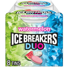 Ice Breakers Duo Watermelon tin packaging showing portable sugar-free mints for on-the-go freshness