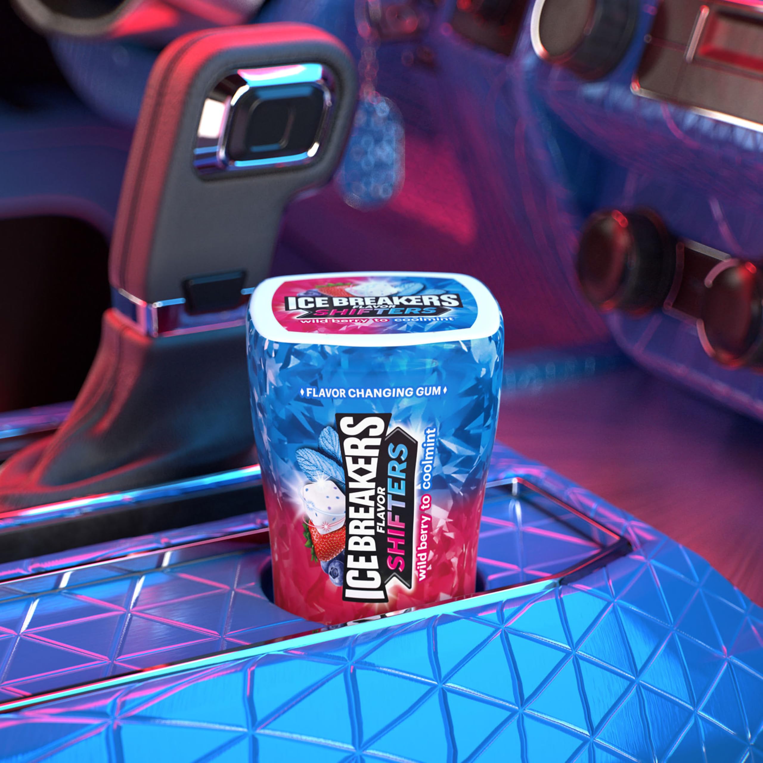 Ice Breakers Flavor Shifters bottle label highlights dual flavor shift between wild berry and mint