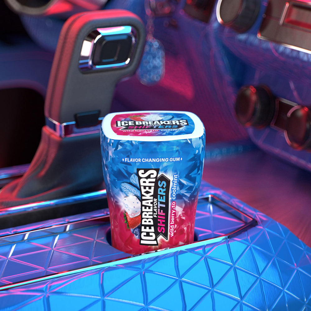 Ice Breakers Flavor Shifters bottle label highlights dual flavor shift between wild berry and mint