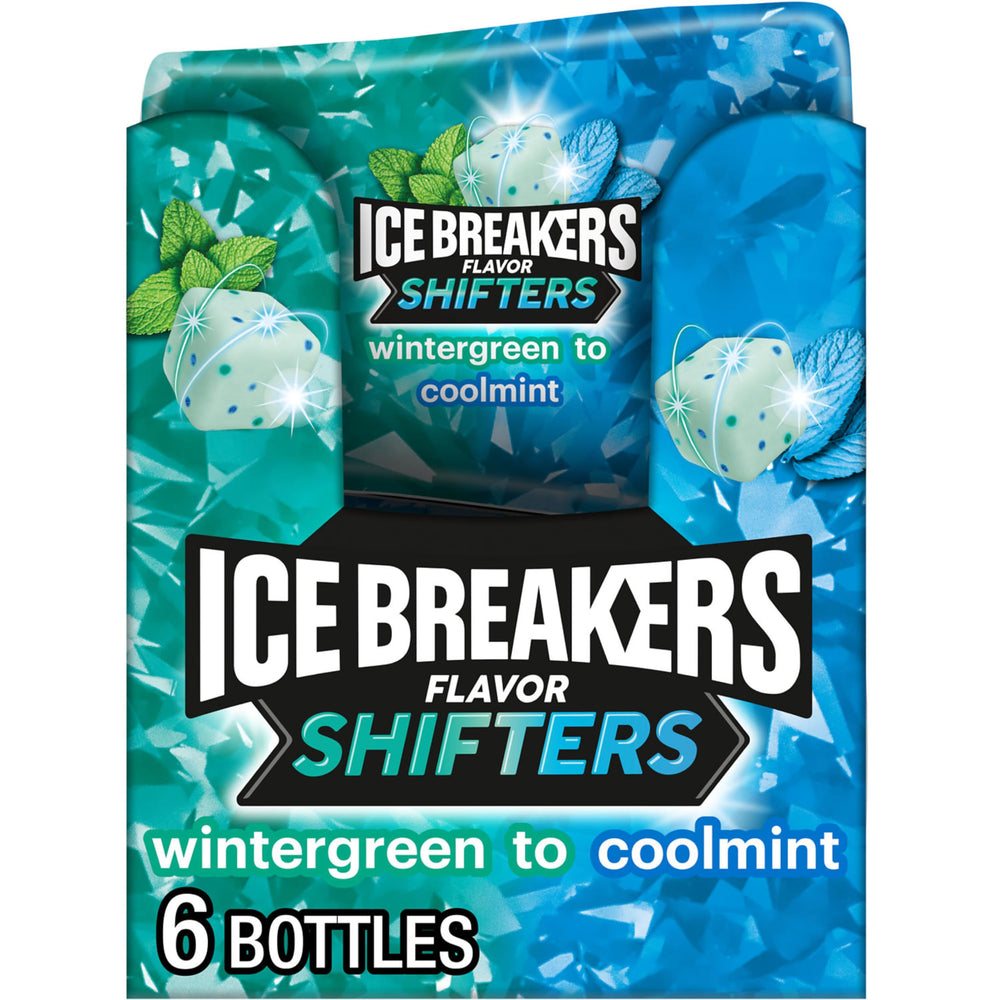 Ice Breakers Flavor Shifters wintergreen to coolmint bottle showing portable mint freshness