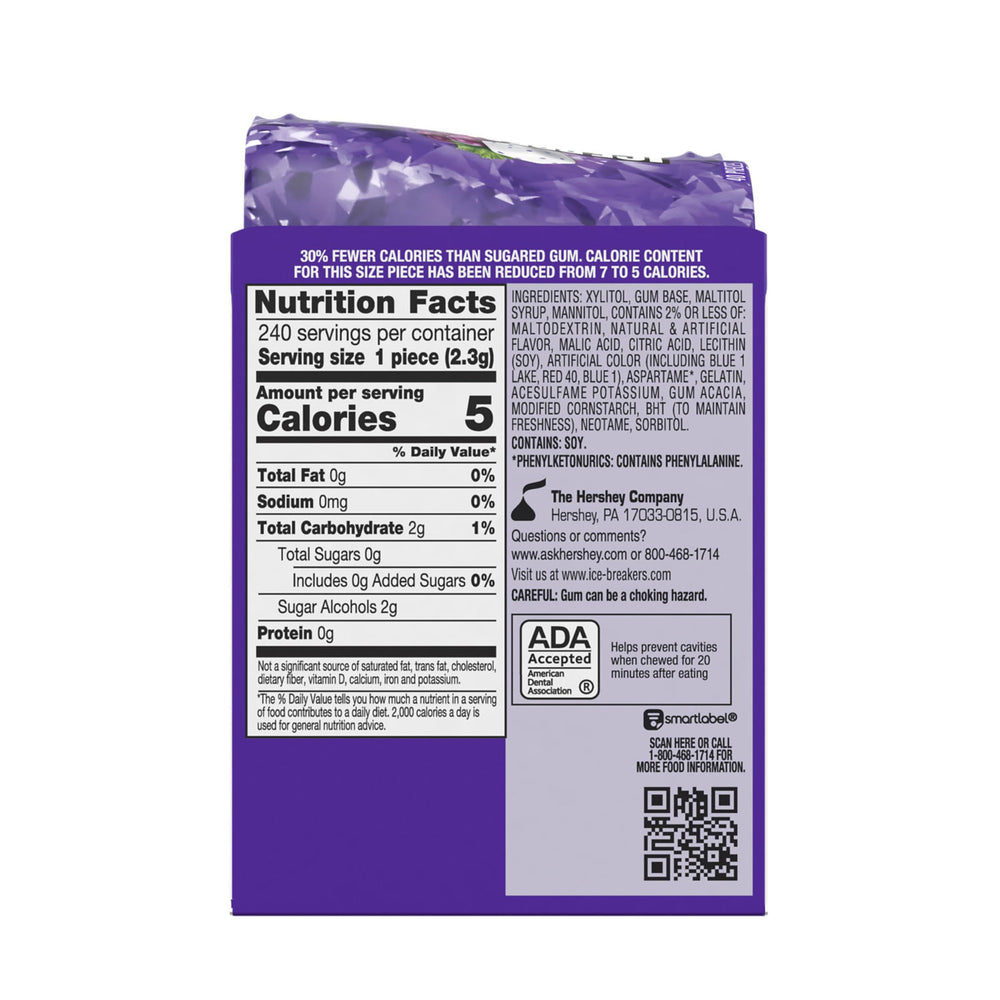 Ice Breakers Ice Cubes Arctic Grape label close-up highlighting compact packaging