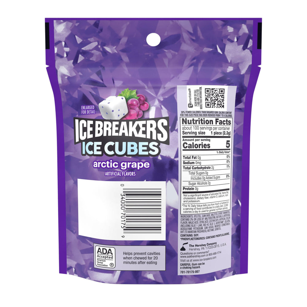 Ice Breakers Arctic Grape ice cubes pack close-up with cooling crystals.