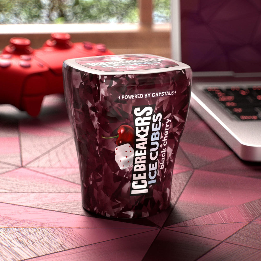 Desk scene with Ice Breakers Ice Cubes Black Cherry for meetings