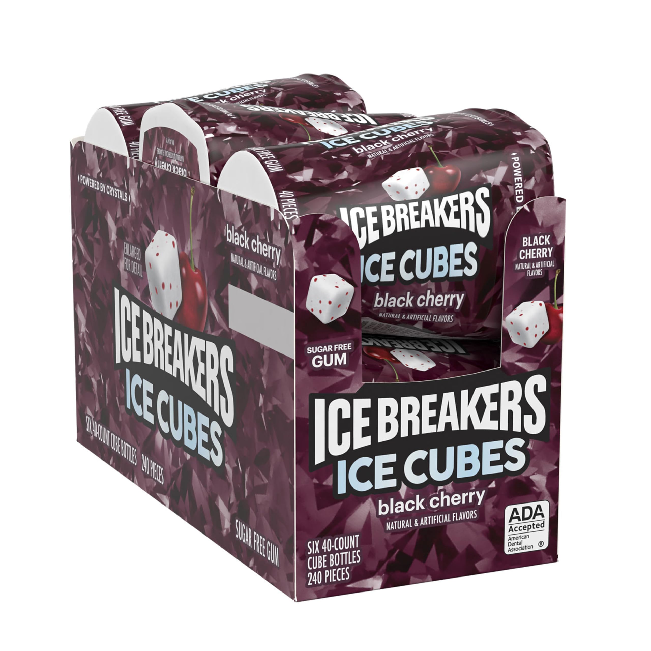 Six-bottle packaging box of Ice Breakers Ice Cubes Black Cherry sugar-free gum