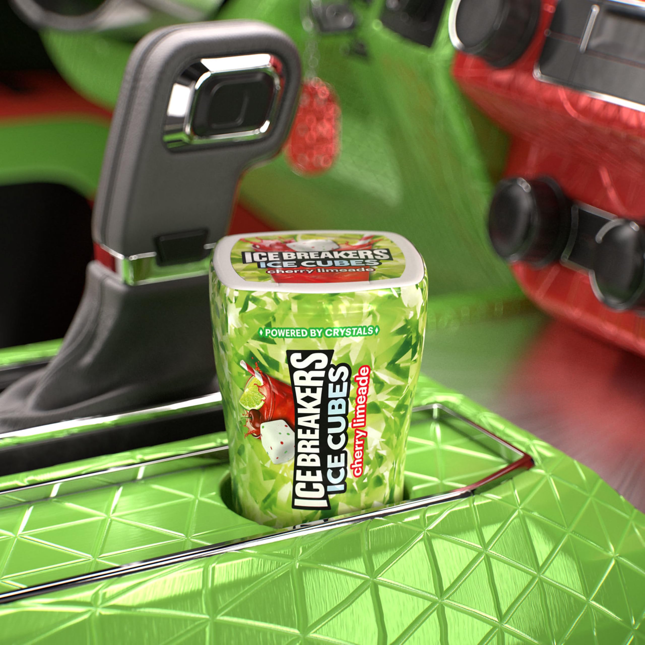 Ice Breakers Ice Cubes bottle resting in a car dash for quick breath refreshment