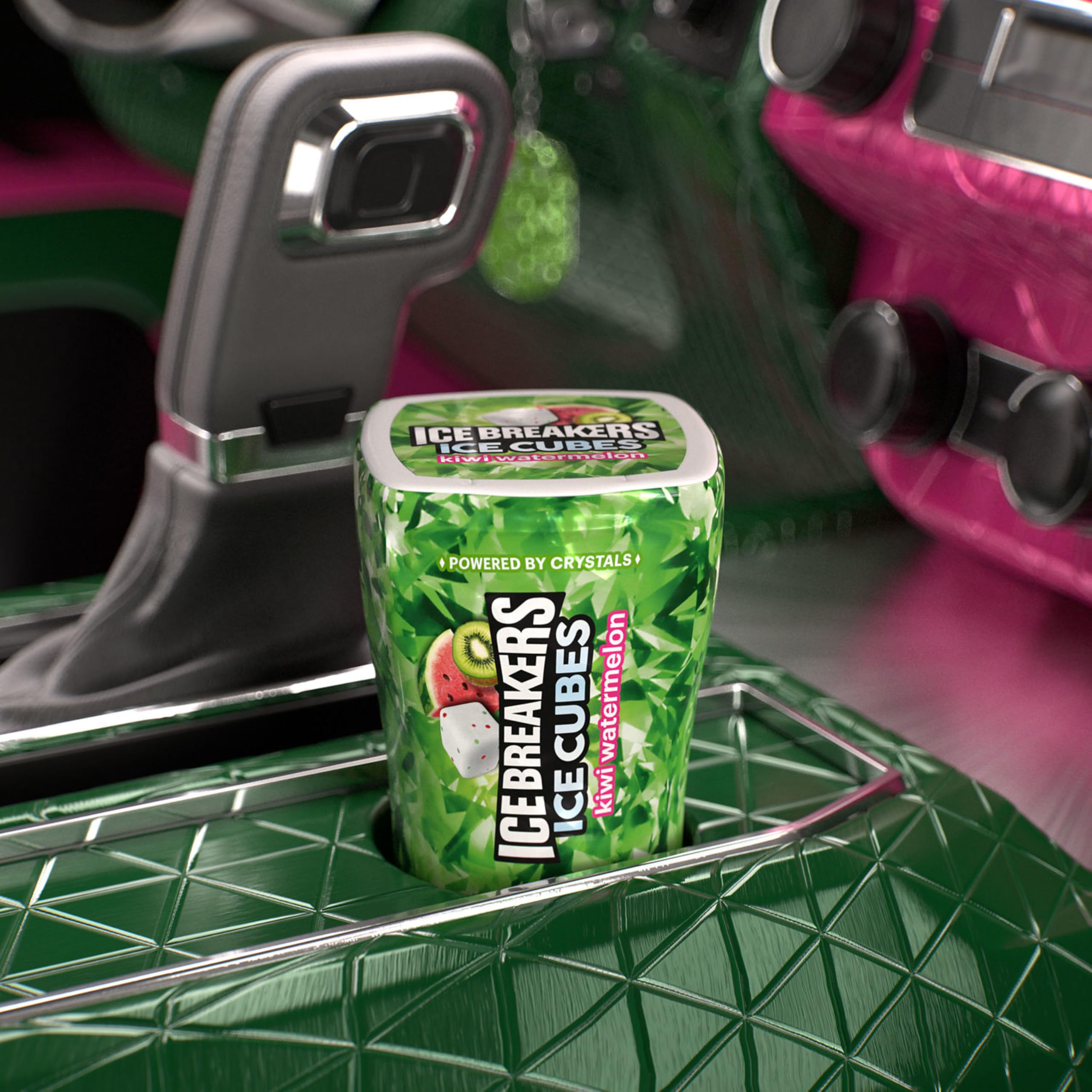 Car cup holder setup with Ice Breakers Kiwi Watermelon for on-the-road freshness.