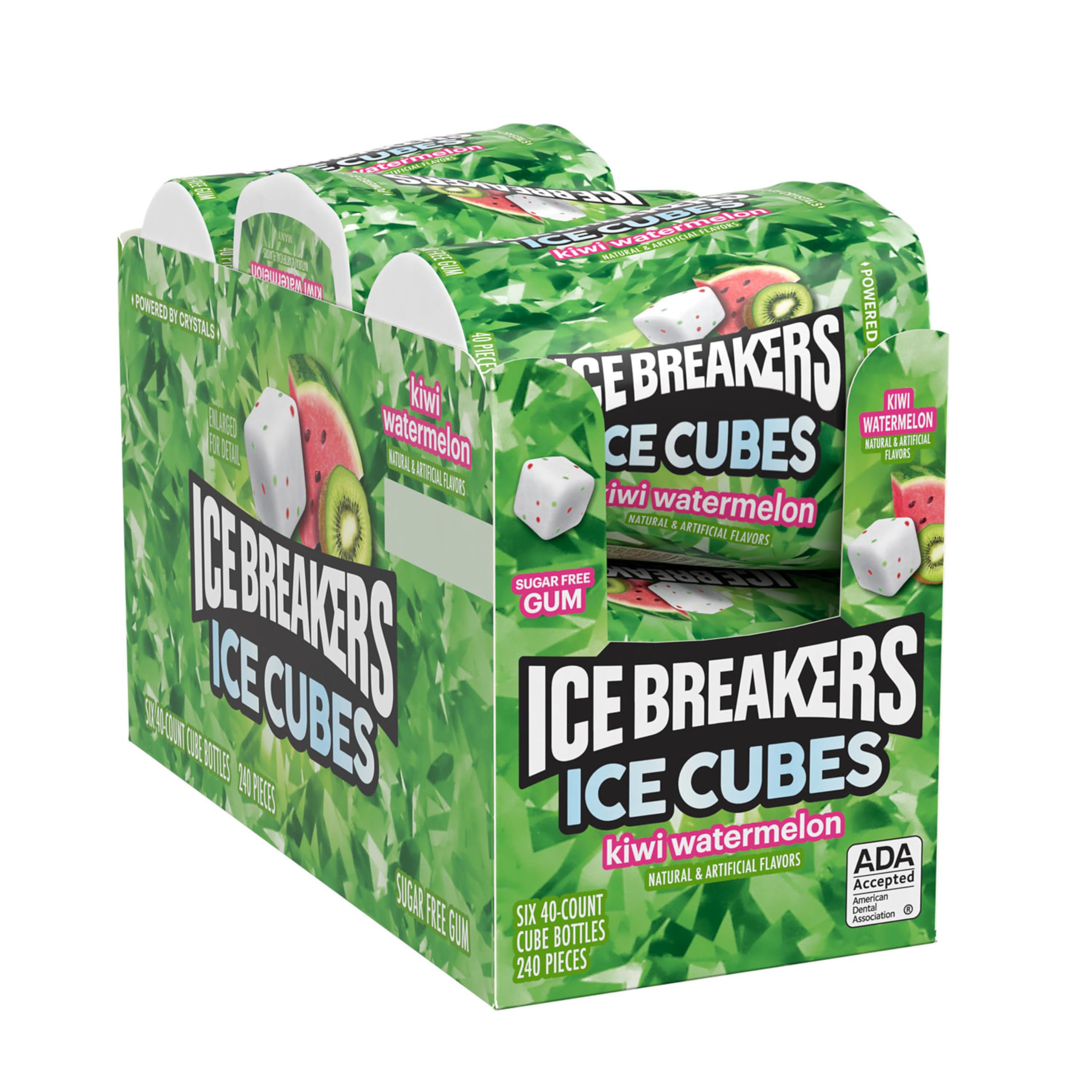Close-up of Ice Breakers Kiwi Watermelon cubes offering fruity bite.