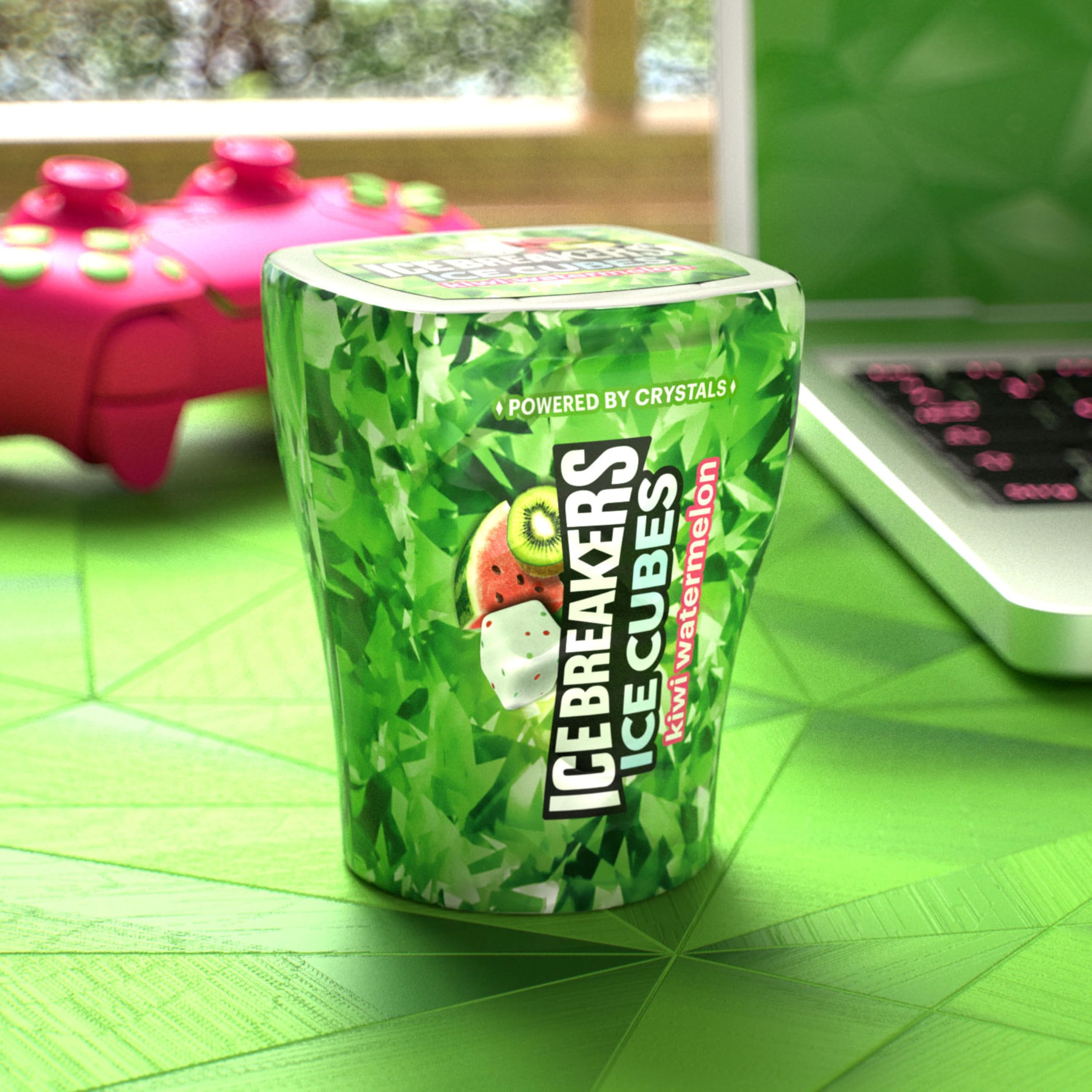 Desk-friendly Ice Breakers Ice Cubes sit beside coffee for quick refresh.