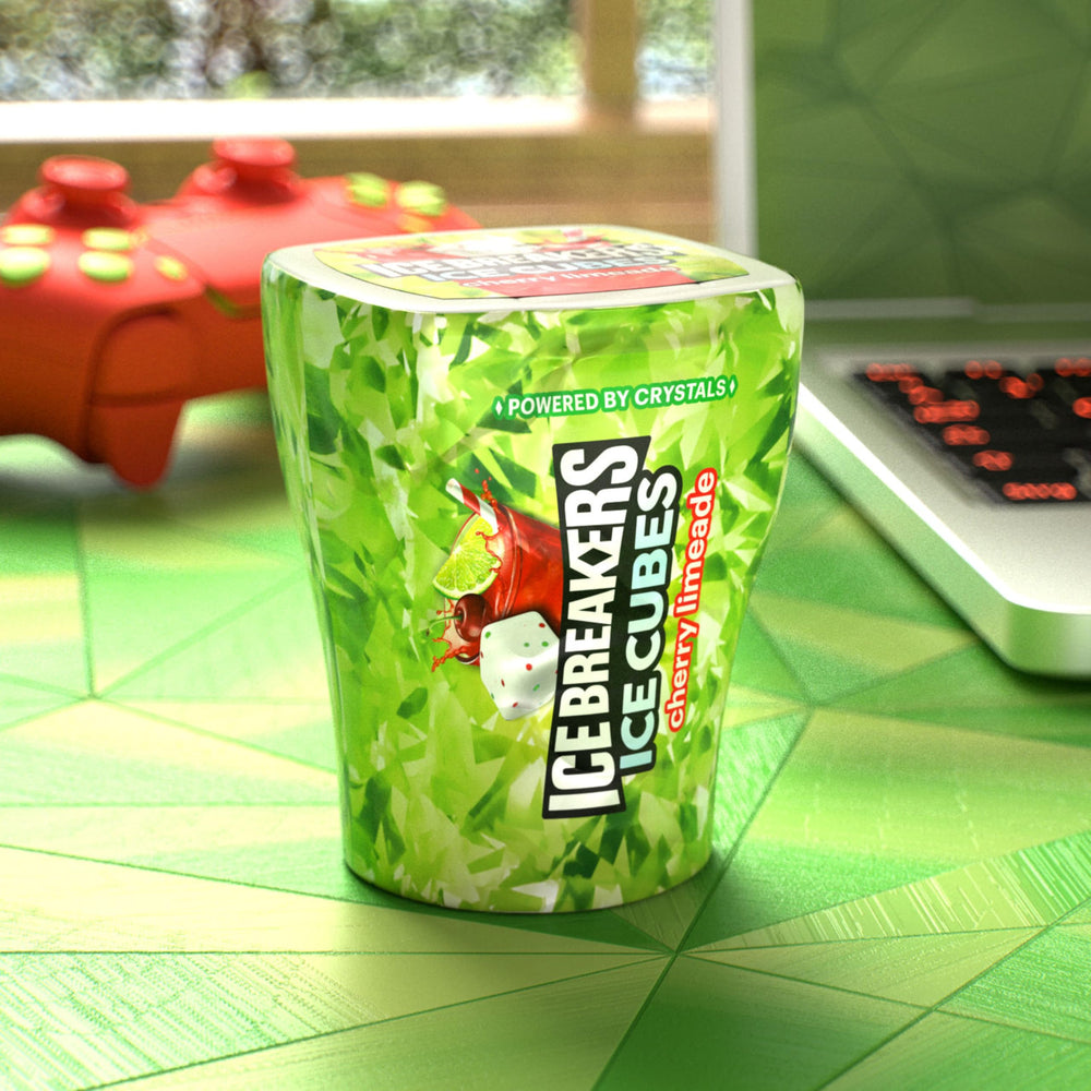 Packaging of Ice Breakers Ice Cubes Cherry Limeade emphasizing flavor and sugar-free formula