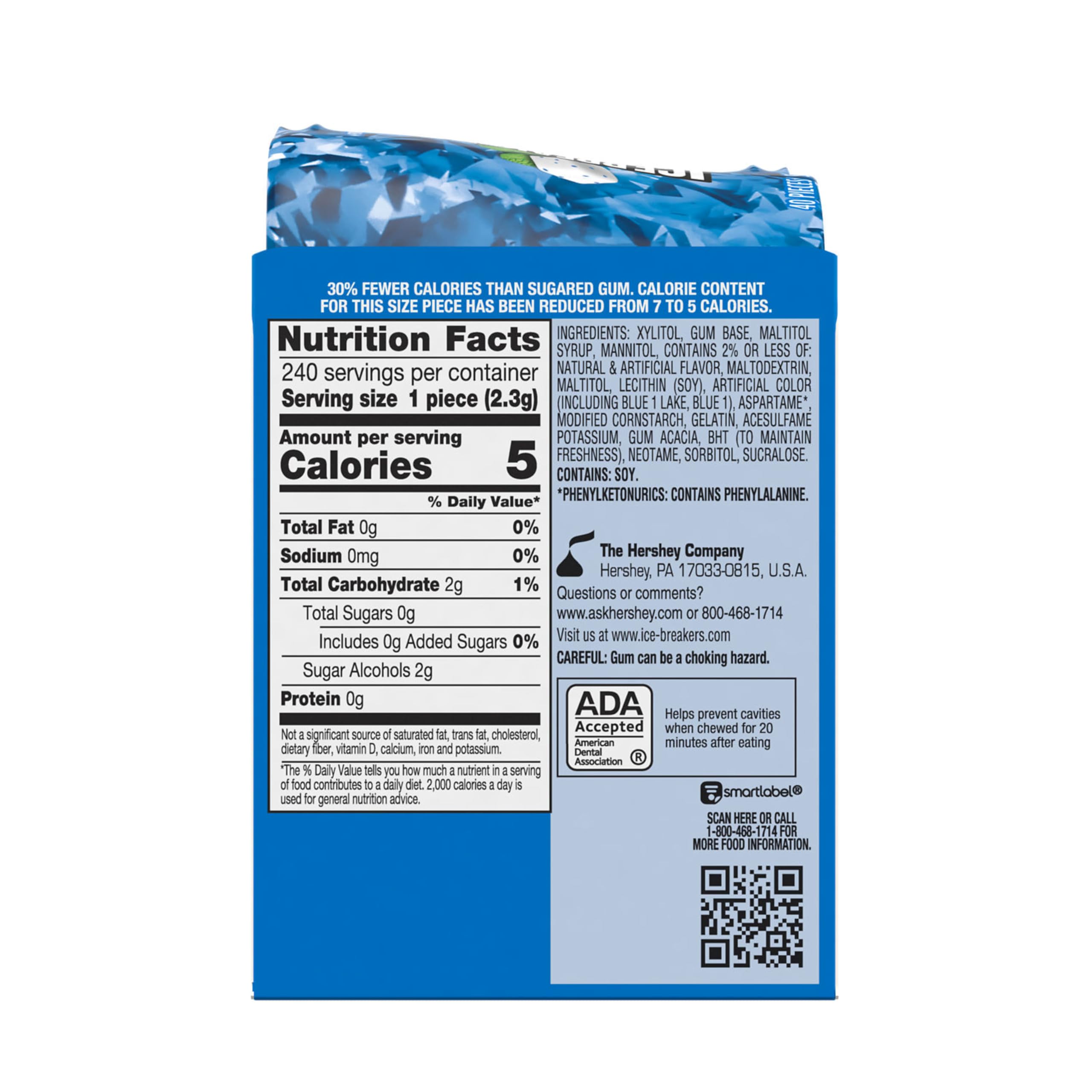 ICE BREAKERS Ice Cubes Peppermint bottle top highlights ADA-accepted, sugar-free gum.
