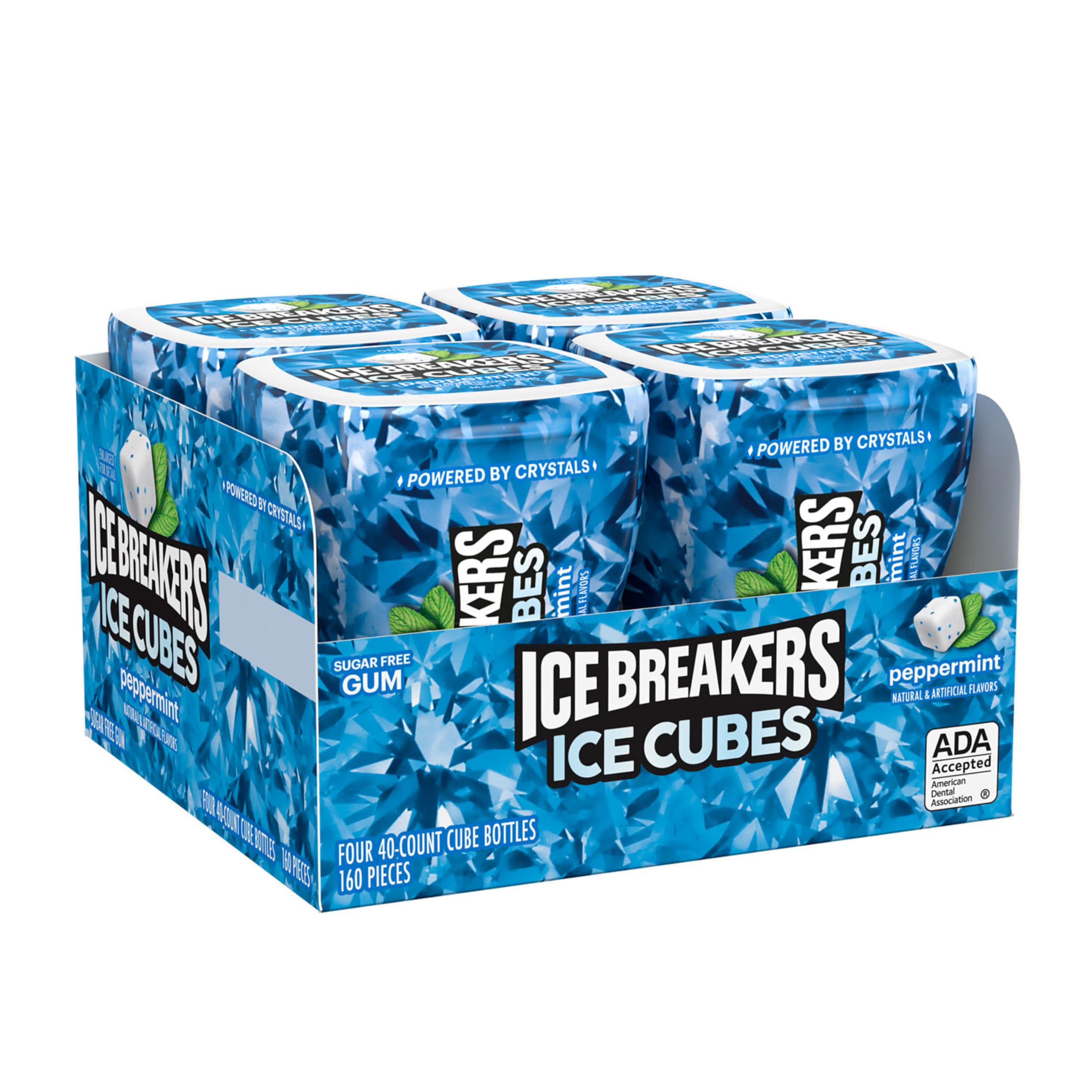 Ice Breakers Ice Cubes Peppermint packaging close-up showing four bottles