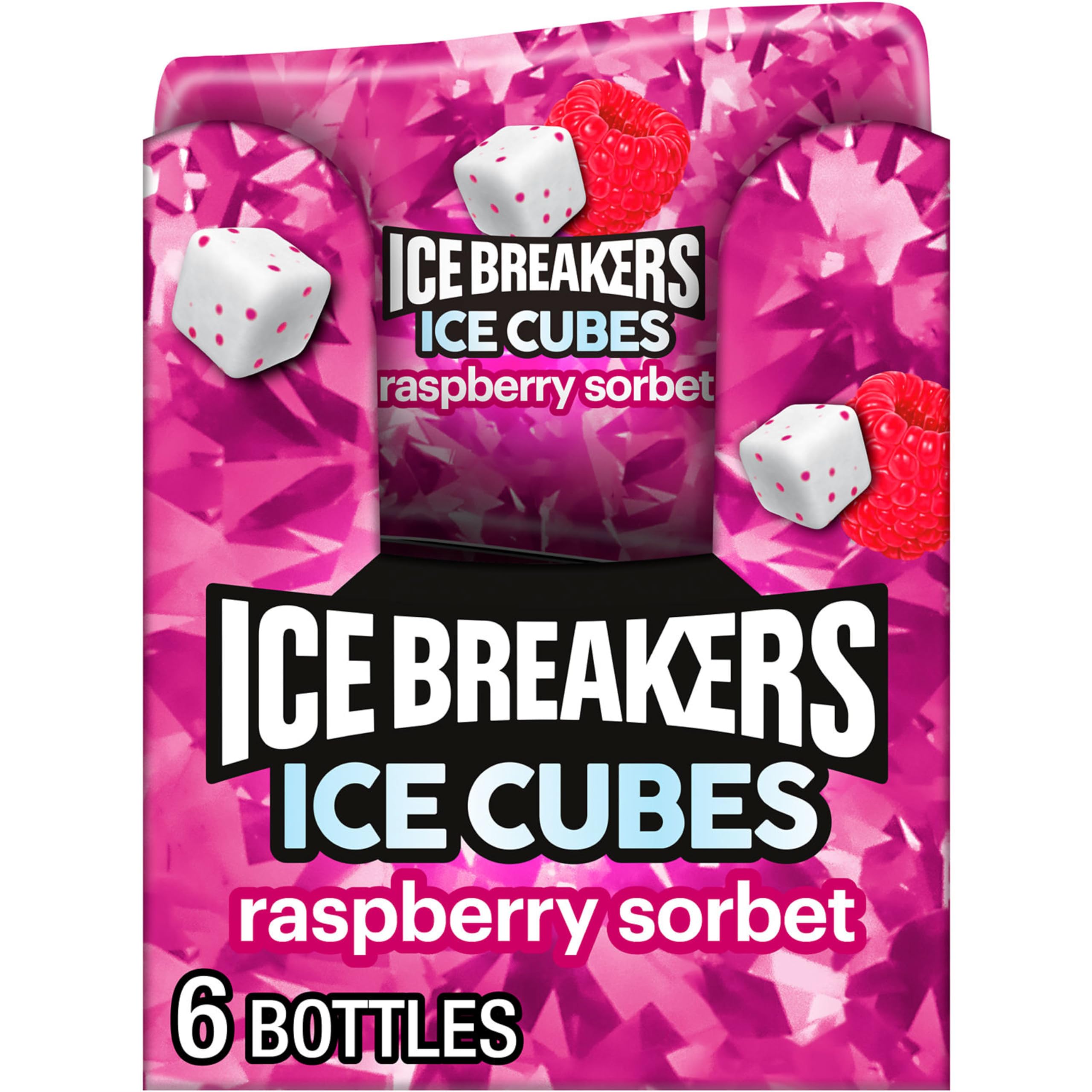 Ice Breakers Ice Cubes Raspberry Sorbet bottle display for on-the-go freshness