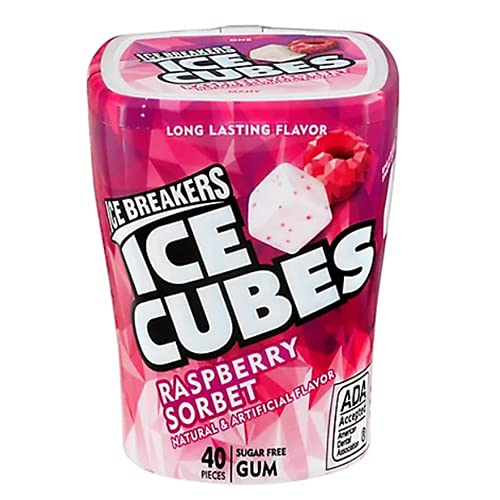 Ice Breakers Ice Cubes Raspberry Sorbet cubes texture; bite-sized pieces release flavor crystals and cooling sensation.