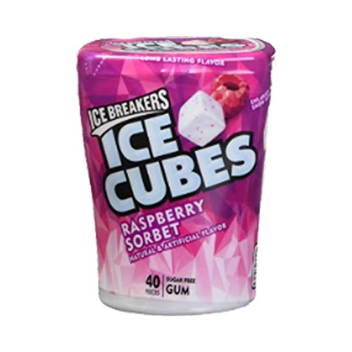 Ice Breakers Ice Cubes Raspberry Sorbet label closeup; vibrant crystals deliver a fruity mint aroma.