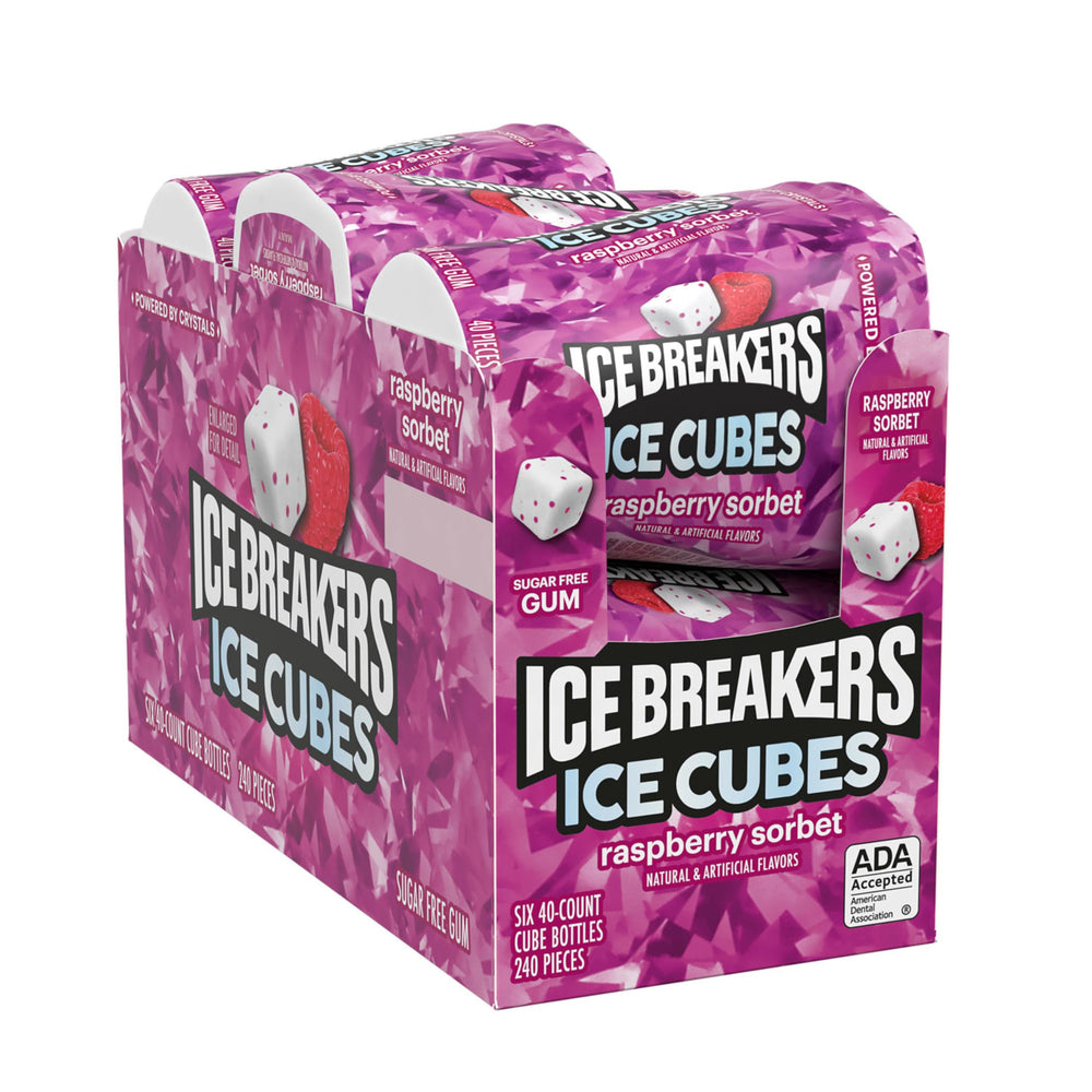 Six-bottle cube packaging featuring Raspberry Sorbet flavor