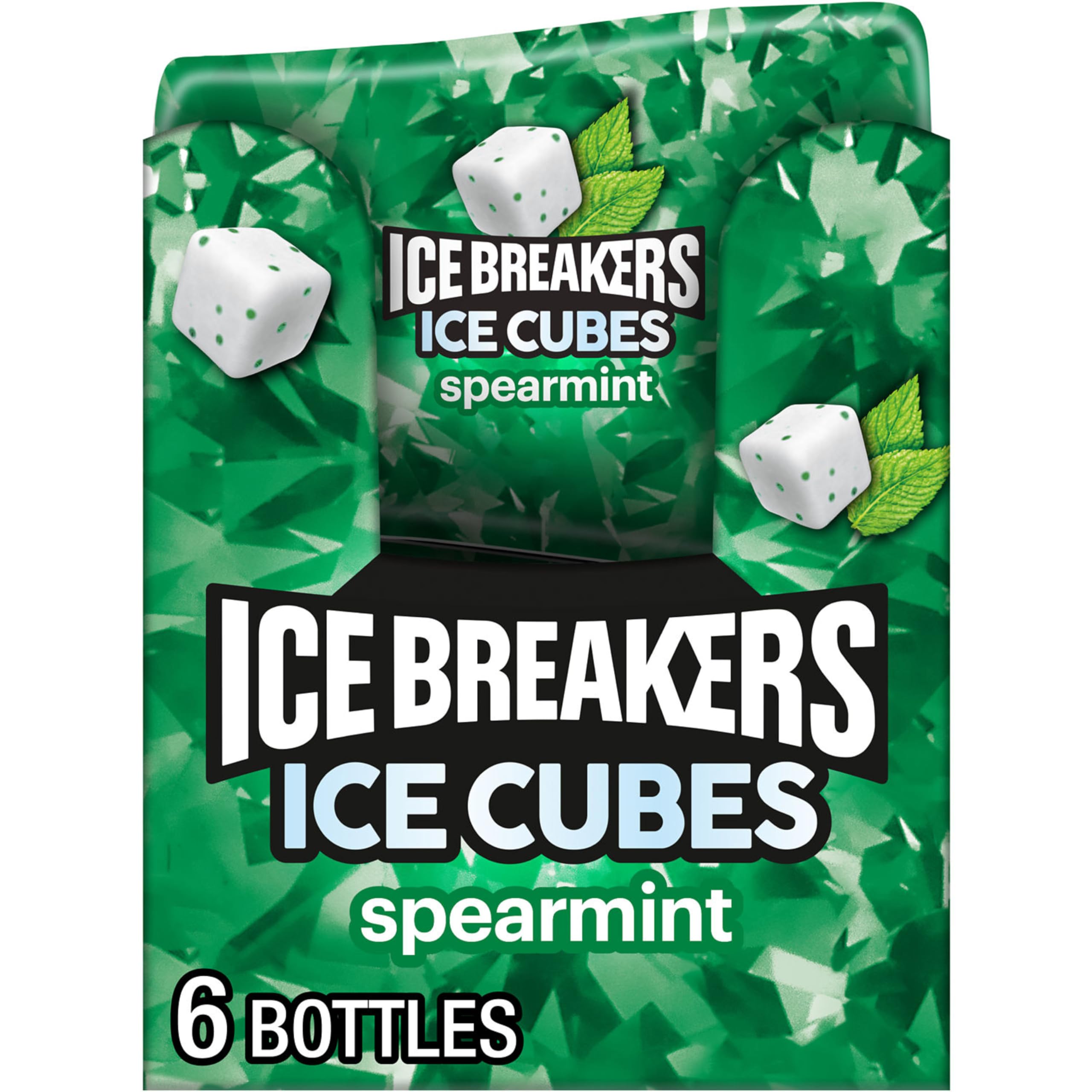 Ice Breakers Ice Cubes Spearmint bottle front, portable mint freshness on the go.