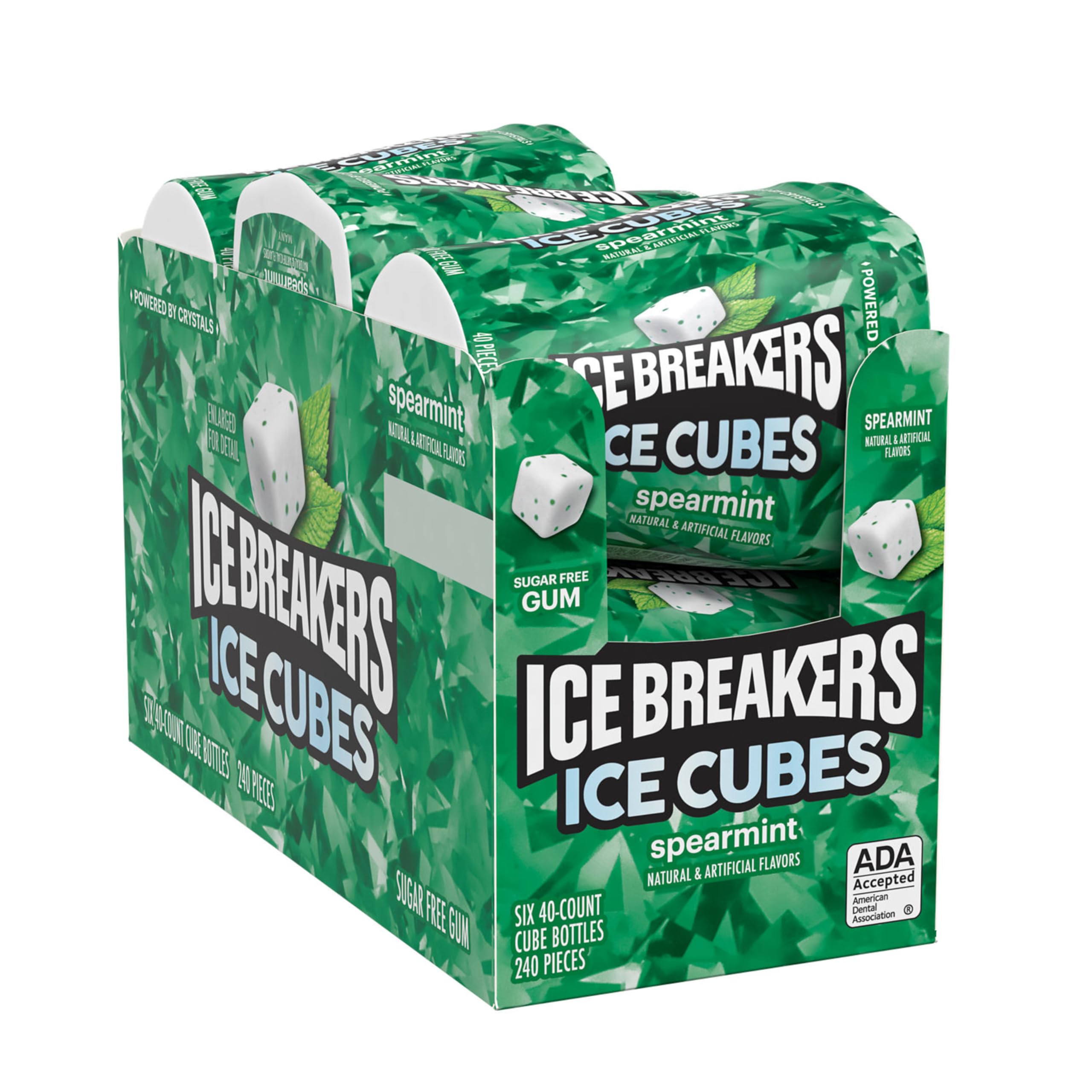 Ice Breakers Ice Cubes Spearmint cubes close-up, sugar-free spearmint flavor.
