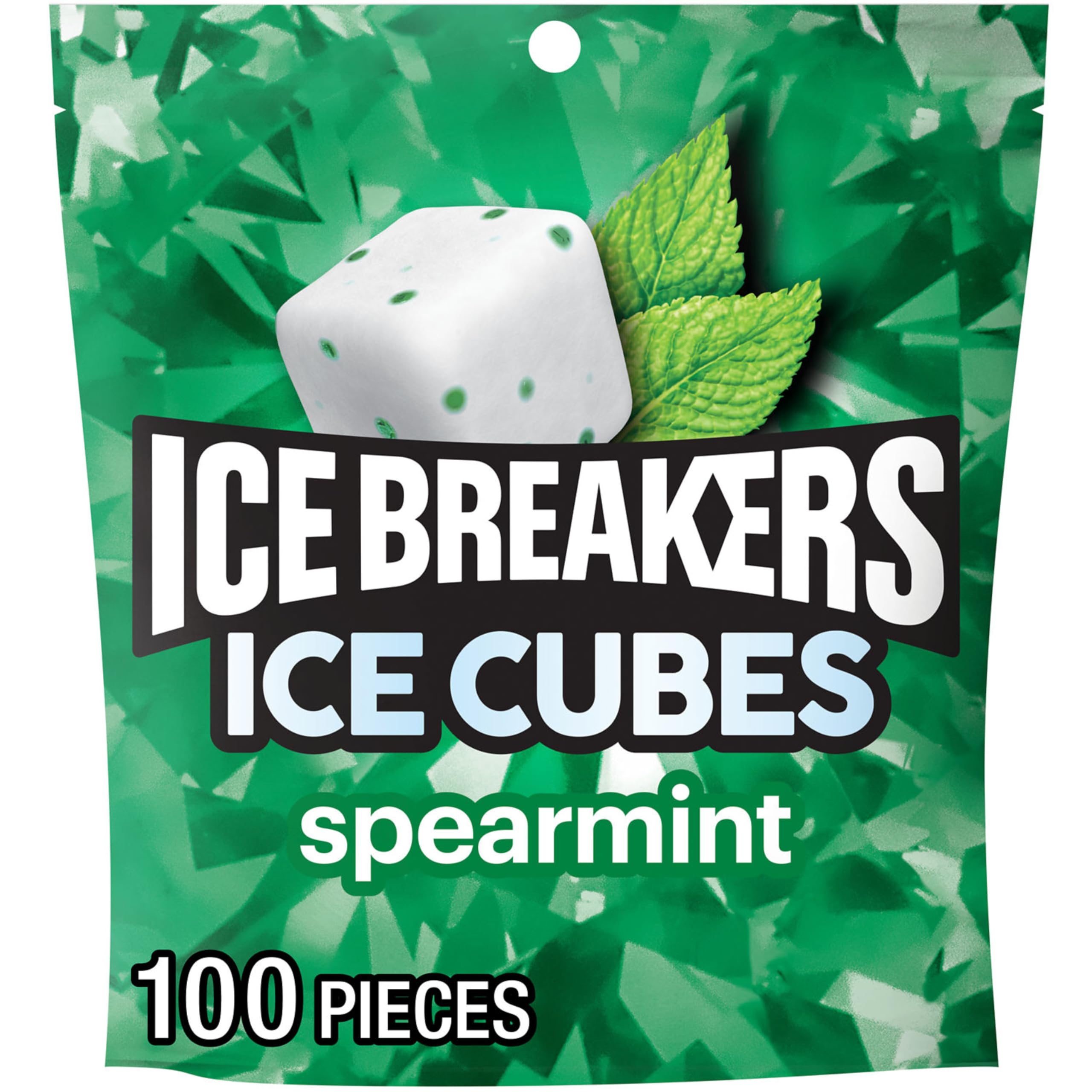 Ice Breakers Ice Cubes Spearmint pack front shows a 100-piece pouch for fresh breath