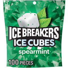 Ice Breakers Ice Cubes Spearmint pack front shows a 100-piece pouch for fresh breath