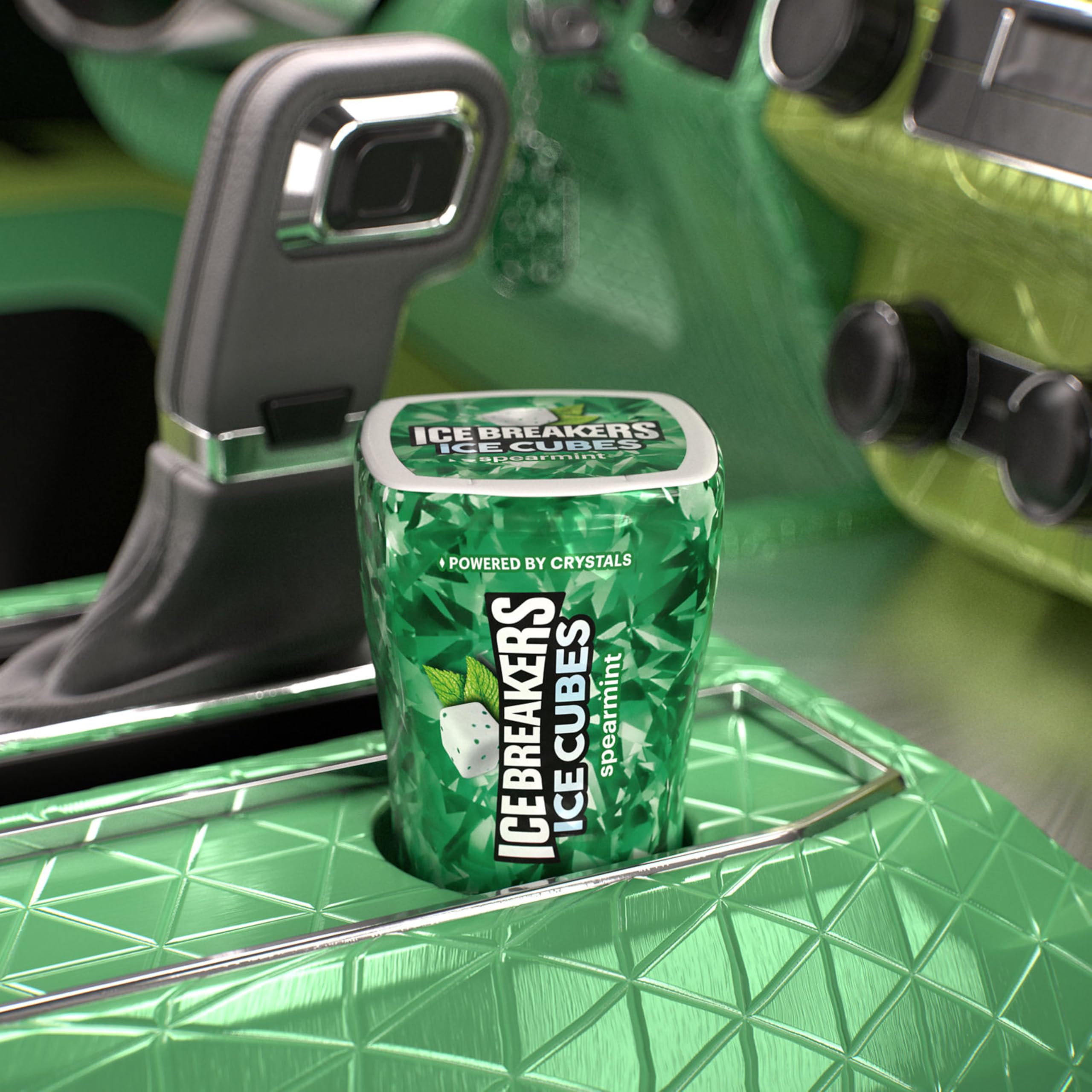 Ice Breakers Ice Cubes Spearmint travel-friendly bottles for car cups.