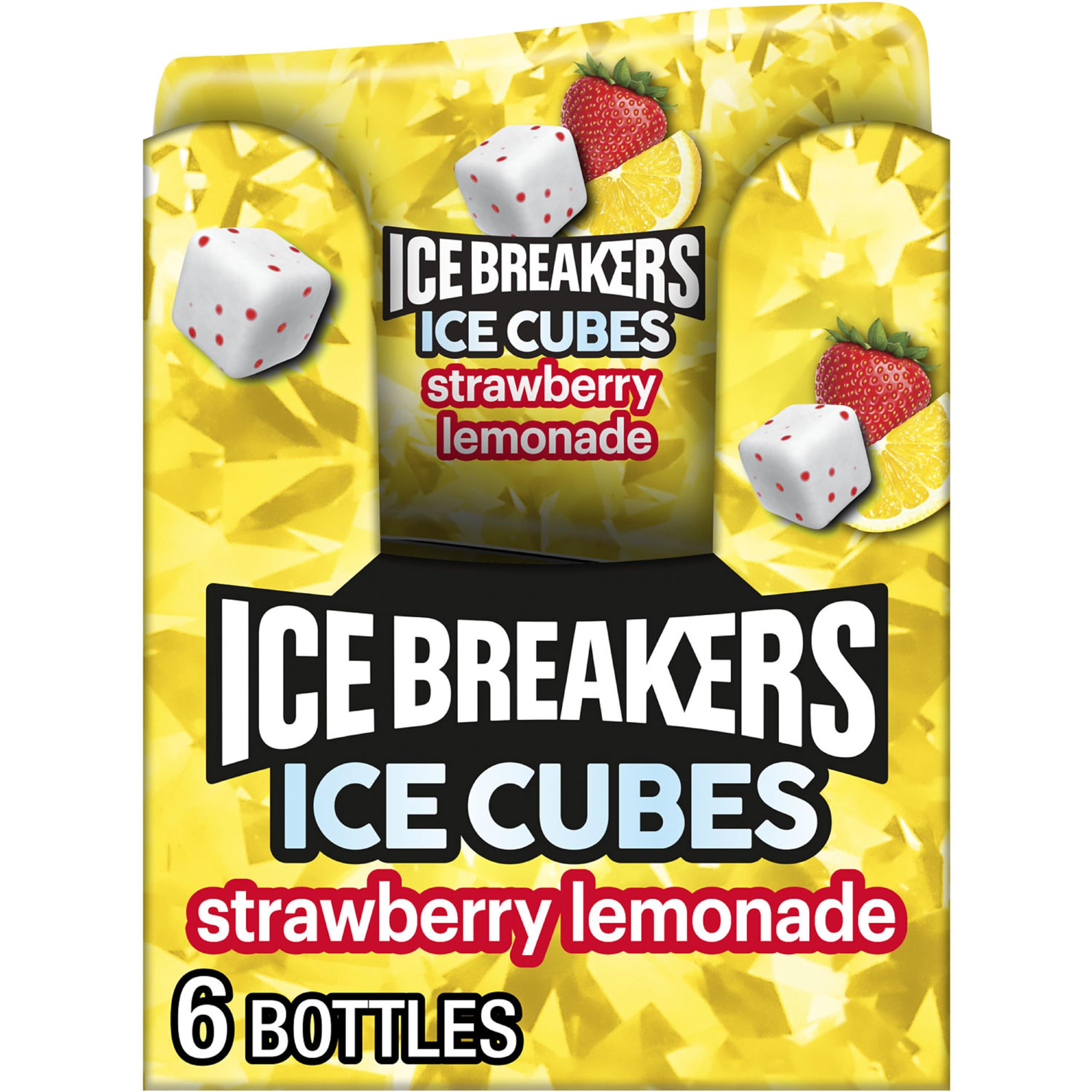 Ice Breakers Ice Cubes Strawberry Lemonade bottle packaging shows six cube bottles.