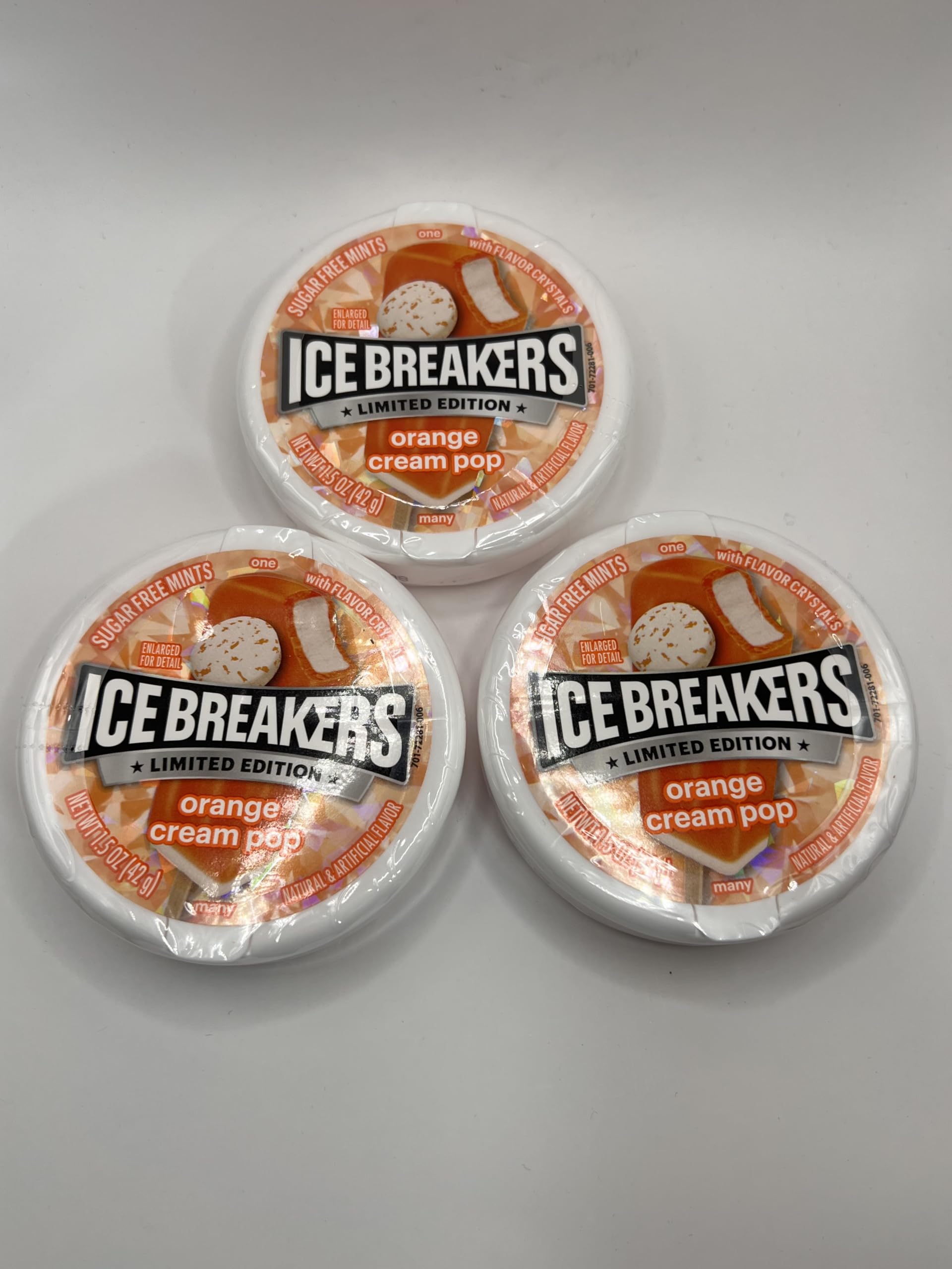Ice Breakers Orange Cream Pop Mints 3-pack front view; portable breath freshening on the go