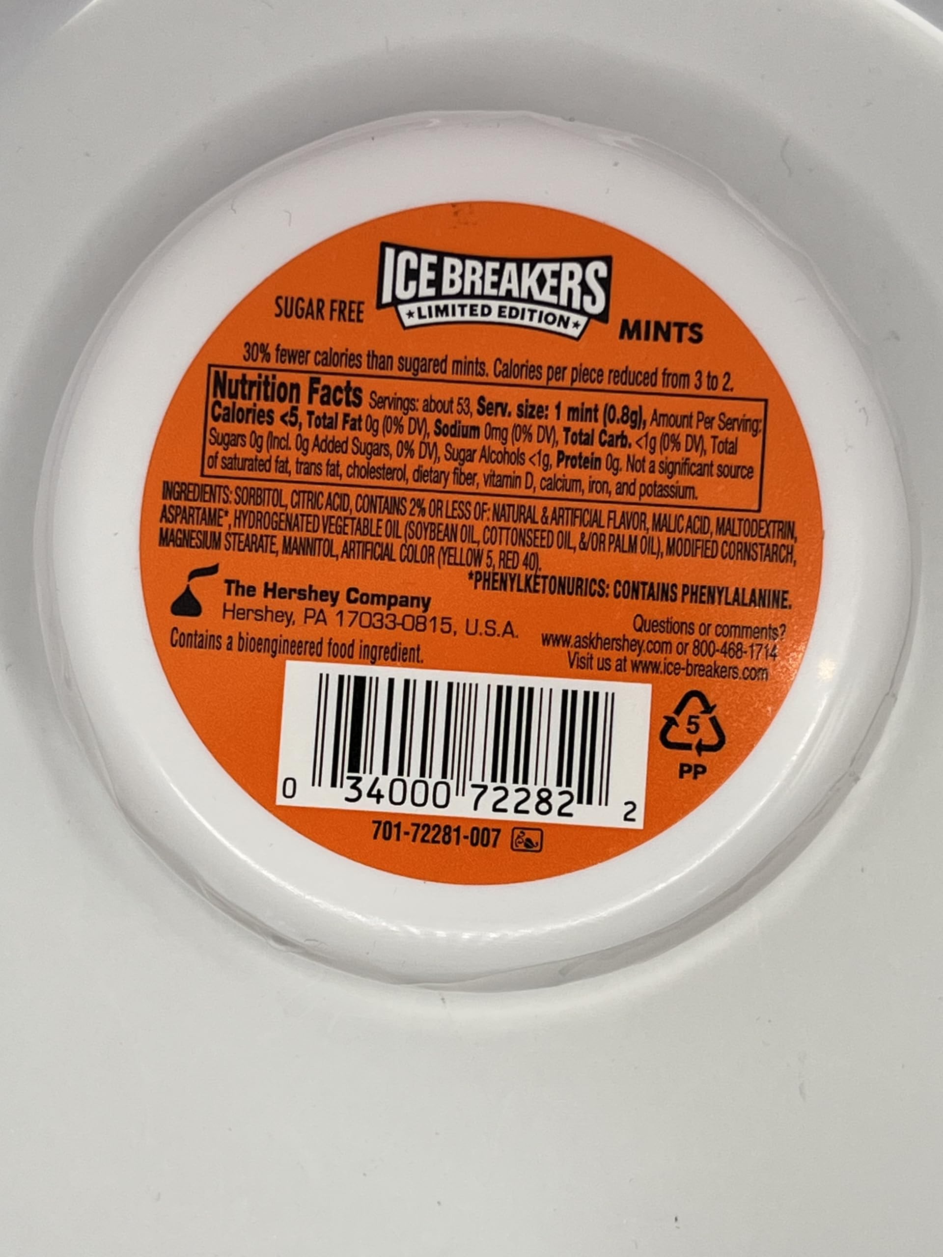 Ice Breakers Orange Cream Pop Mints sugar-free label; refreshing breath without sugar