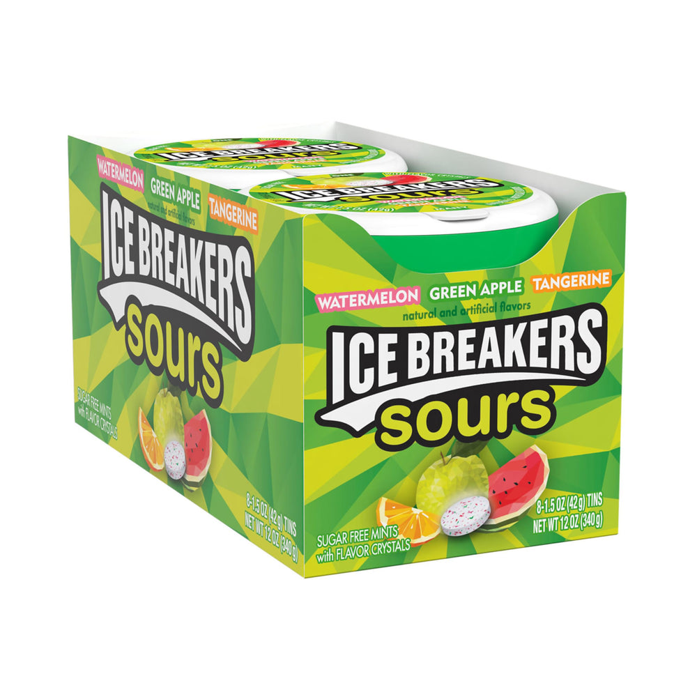 Ice Breakers Sours tin front view showing eight mints for on-the-go refreshment