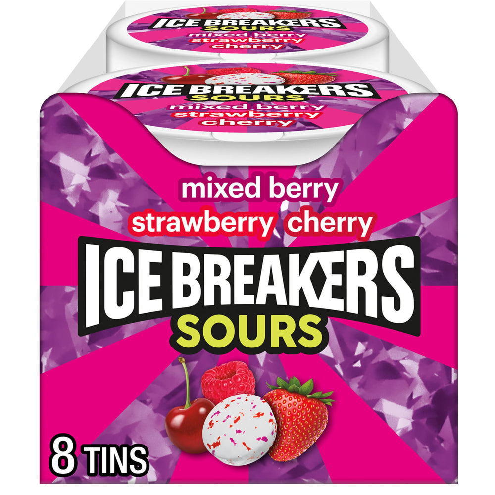 Ice Breakers Sours tin of assorted fruit mints for quick refreshment