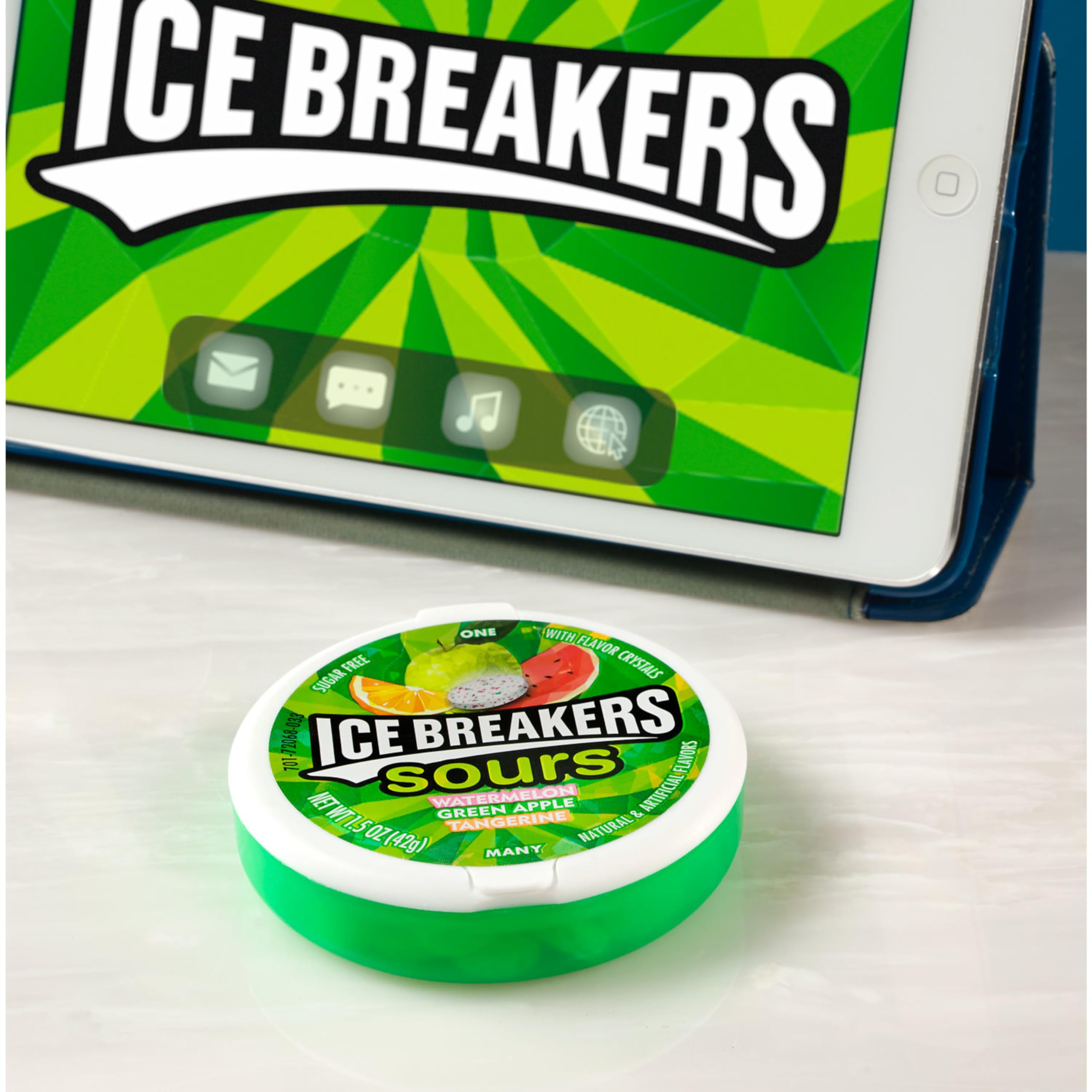 Ice Breakers Sours watermelon puck close-up with juicy fruit notes