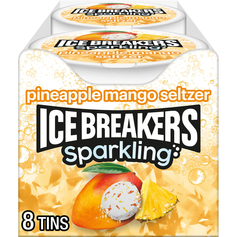 Ice Breakers Sparkling Pineapple Mango mint tin front for on-the-go refreshing moments.