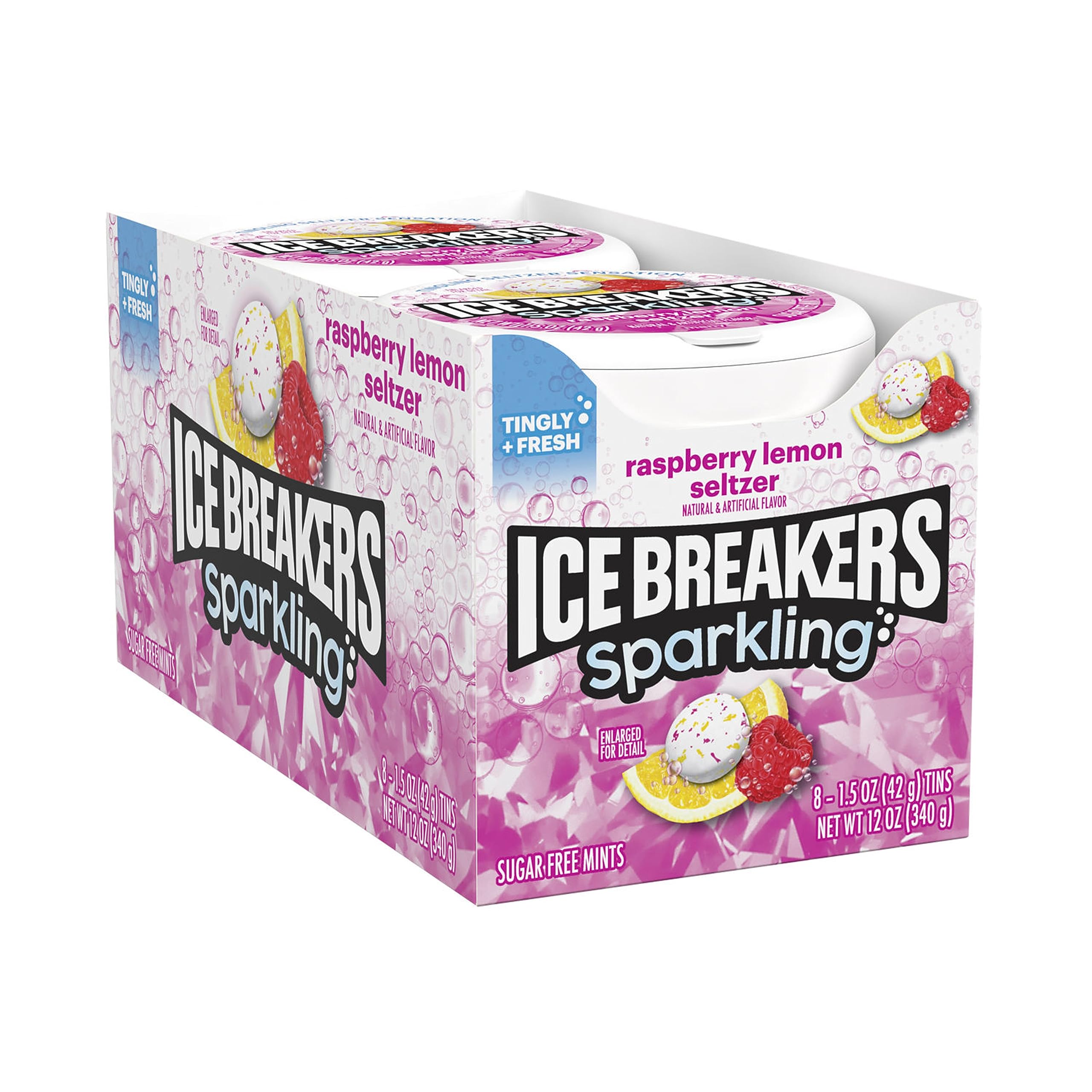 Ice Breakers Sparkling Raspberry Lemon mints in a tin for portable freshness.