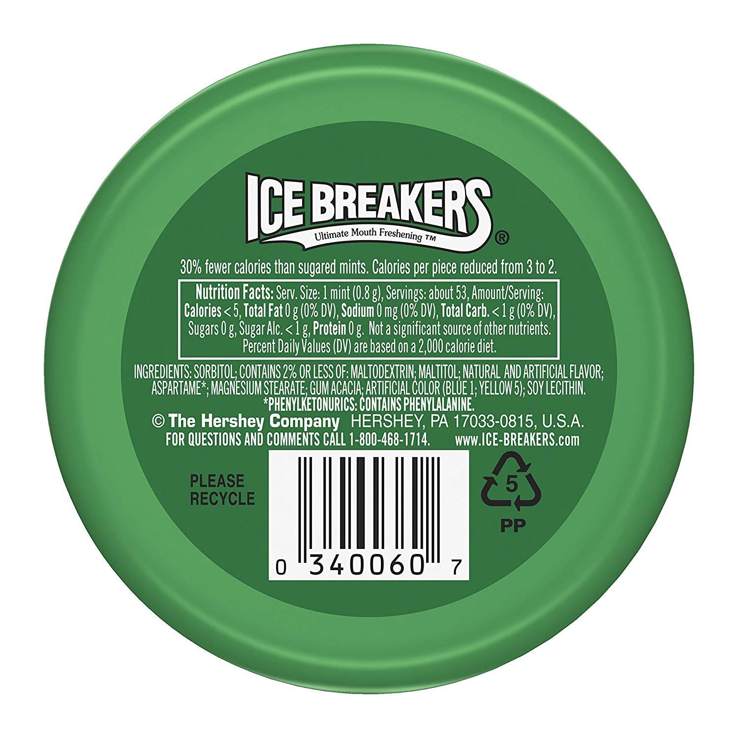 Ice Breakers Spearmint Mints puck closeup showing crystal flavor