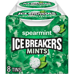 Ice Breakers Spearmint tin pack with travel-friendly mints for fresh breath on the go.