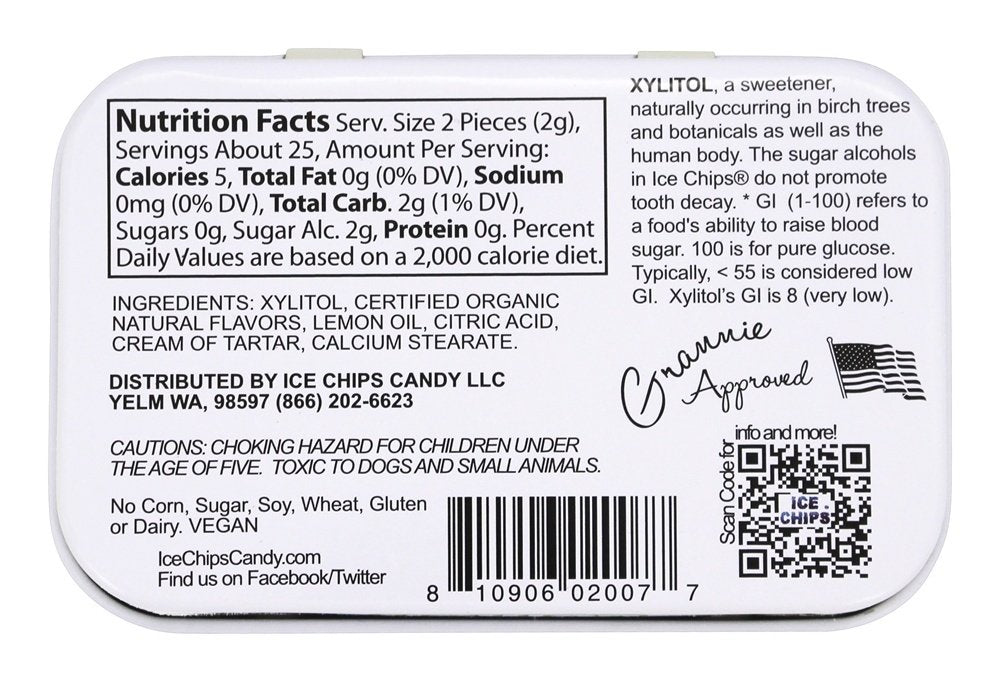 ICE CHIPS lemon flavor xylitol candy, great for on-the-go snacking.