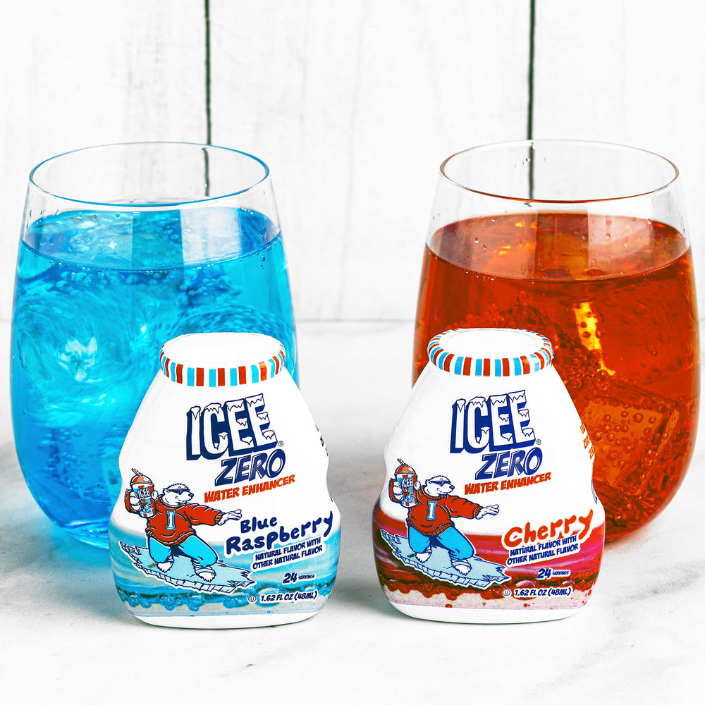 Icee Zero bottle and glass on a table ready for hydration.