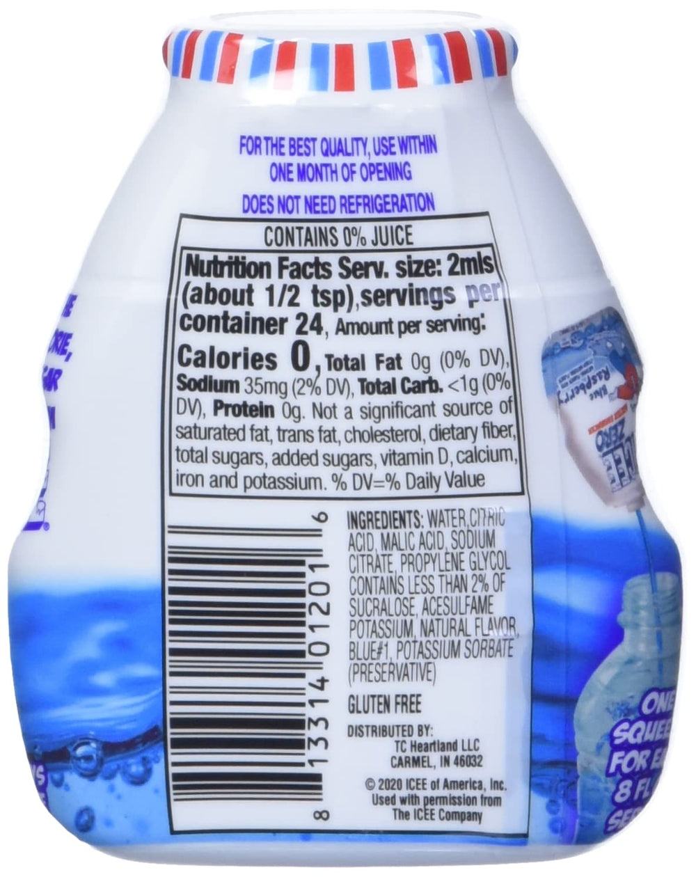 Icee Zero Calorie Blue Raspberry enhancer drops dispensed into a glass of water for refreshment.