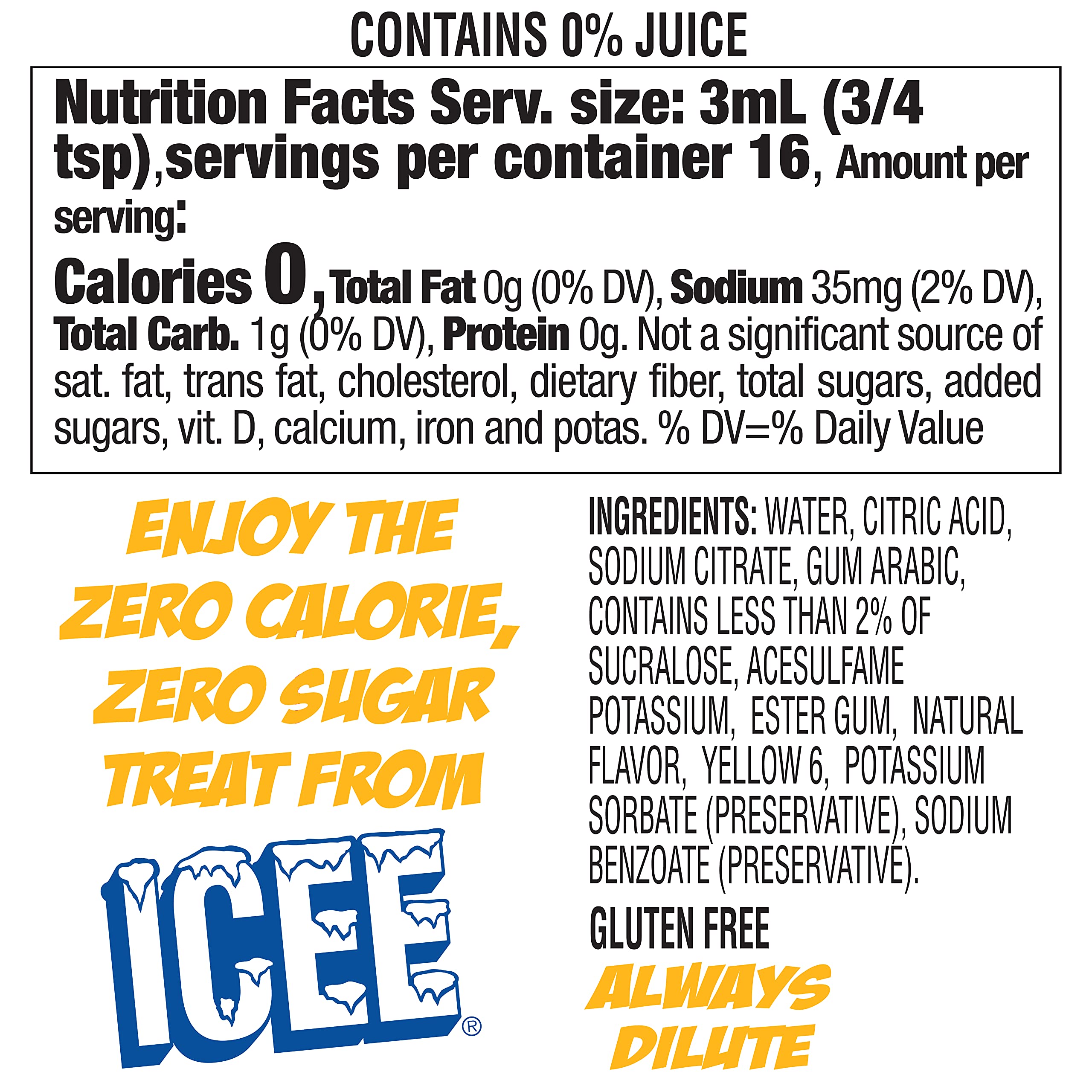 Icee Zero natural flavors closeup emphasizing gluten-free, naturally flavored drops.