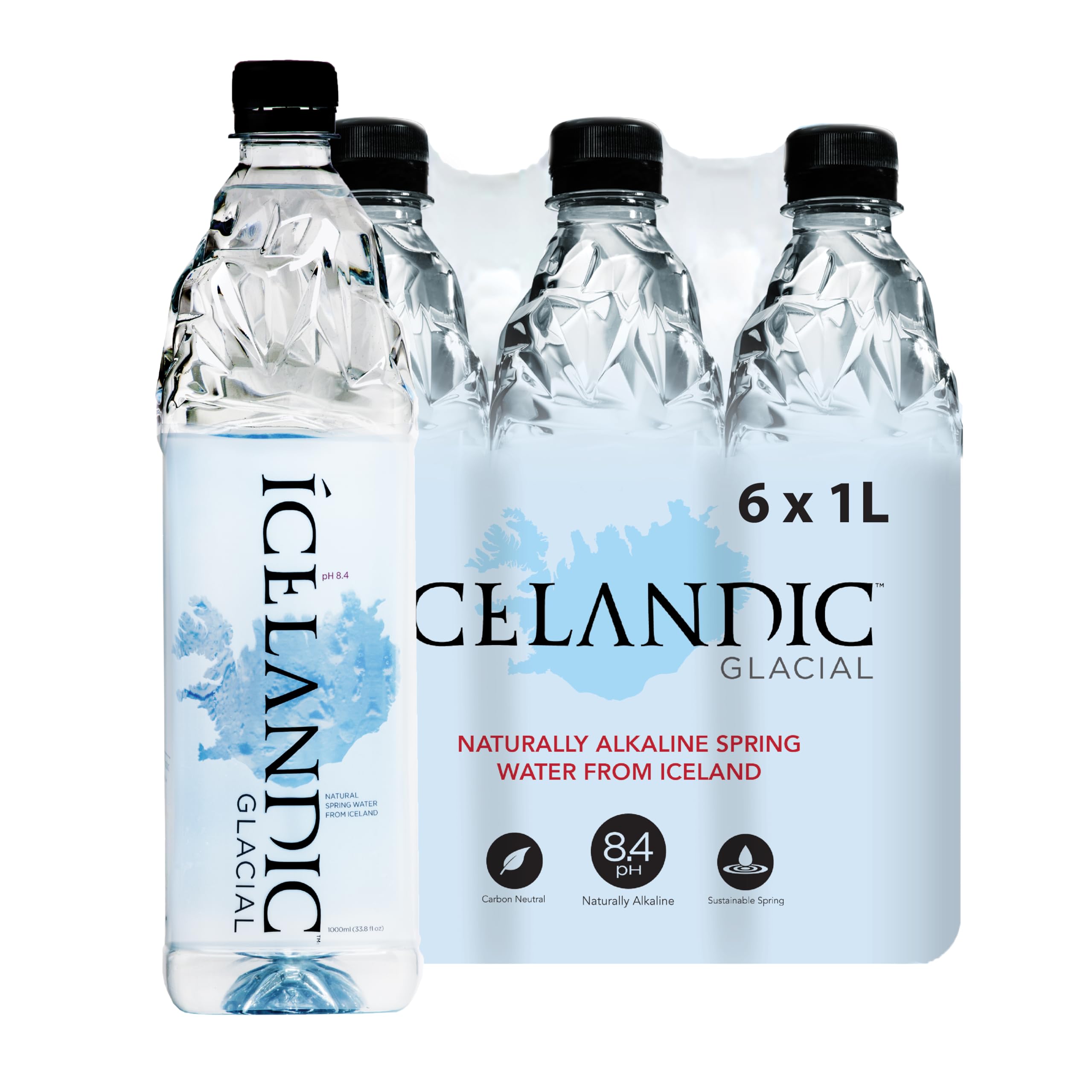 Icelandic Glacial 1L bottle showcases premium, naturally alkaline water for everyday hydration.