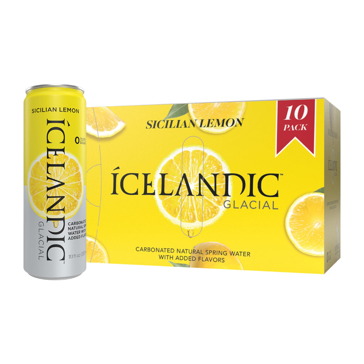 Iced Icelandic Glacial Sicilian Lemon sparkling water in a 330ml can for meals and on-the-go.