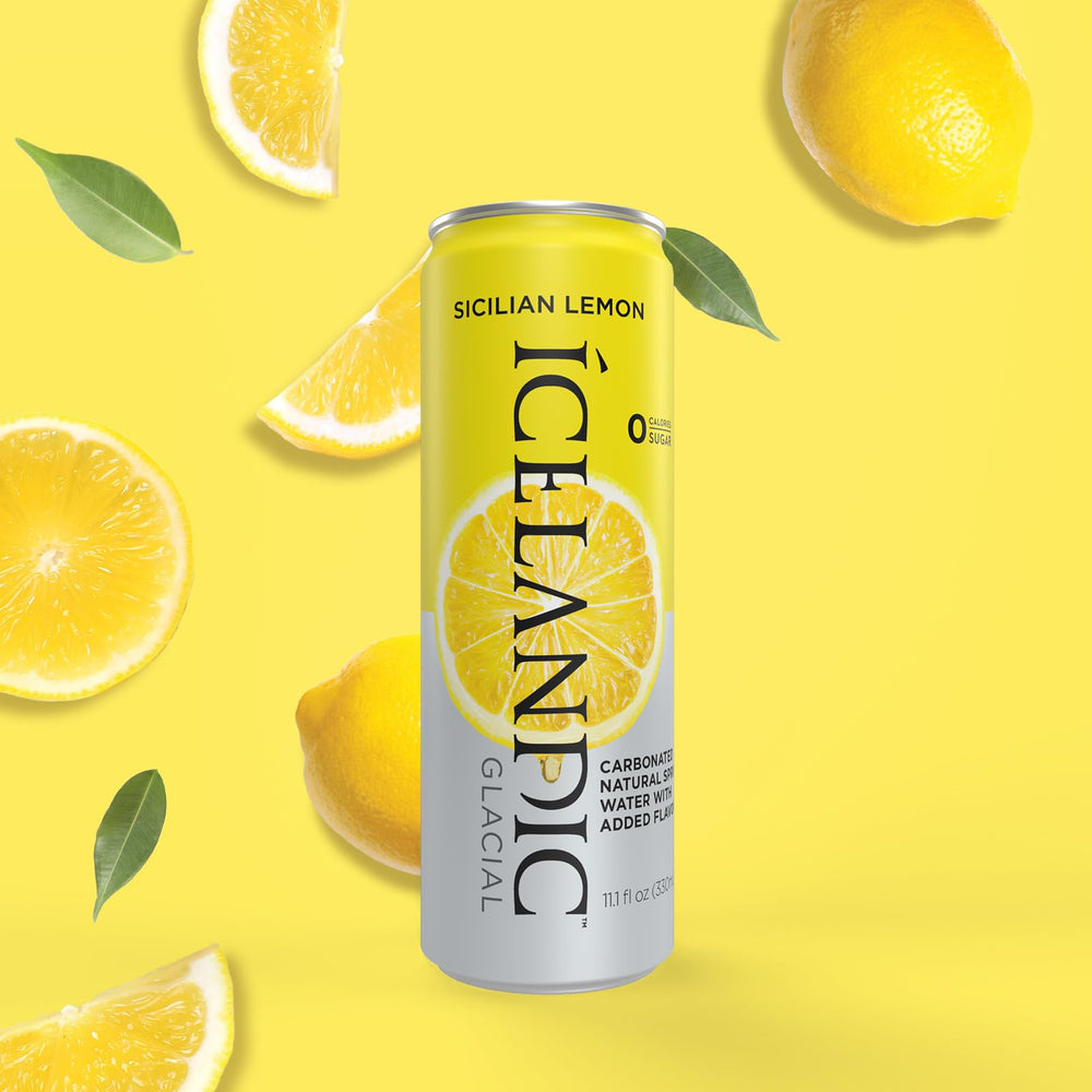 Close-up of Icelandic Glacial Sicilian Lemon can highlighting refreshing citrus flavor.
