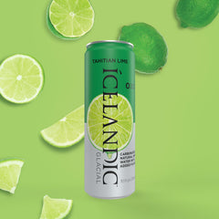 Iced bubbles rise in Icelandic Glacial Tahitian Lime sparkling water, ideal with meals or cocktails.