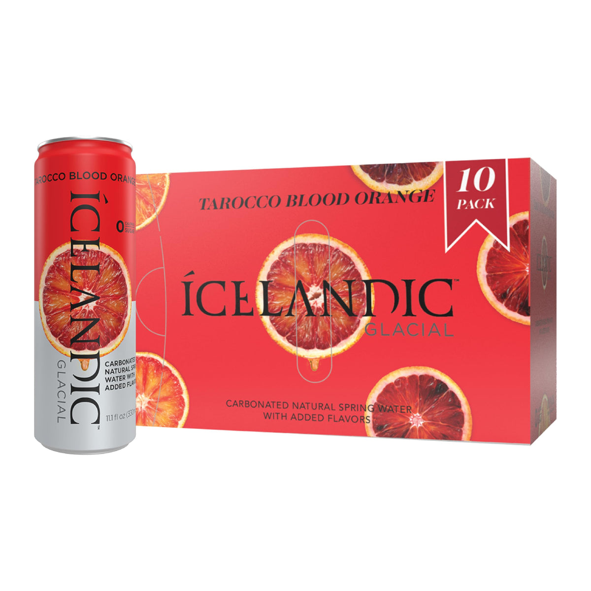 Iced Icelandic Glacial Tarocco Blood Orange sparkling water can with crisp citrus flavor.