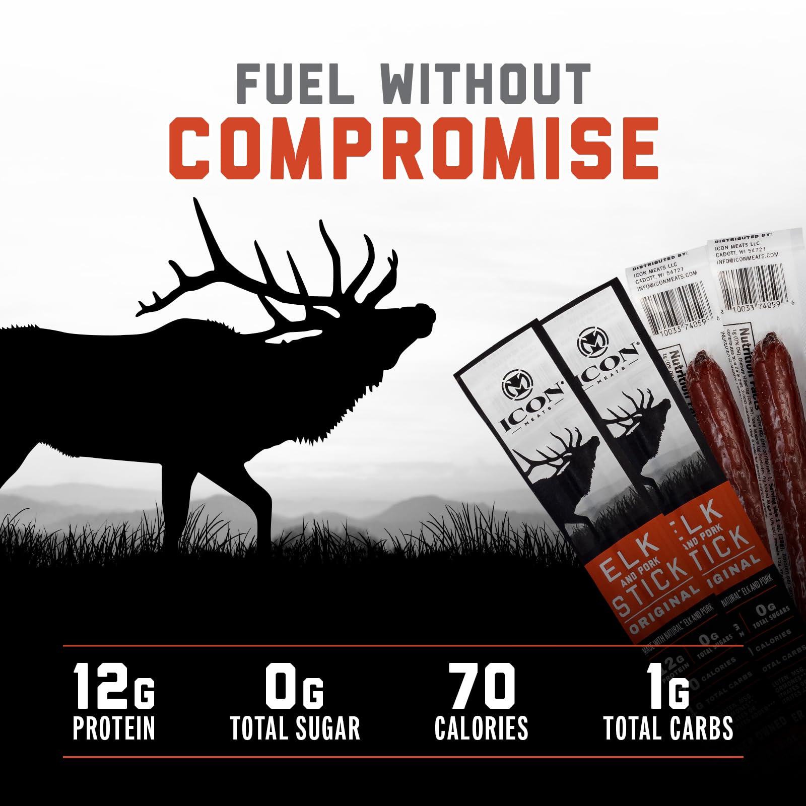 Icon Meats Ingredients label showcases natural, sugar-free, gluten-free snack.