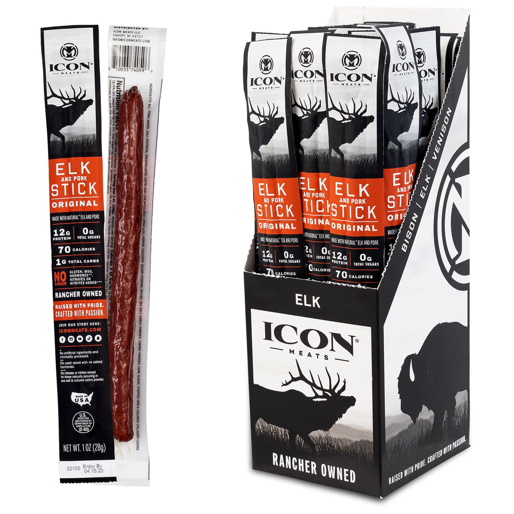 Icon Meats Original Elk and Pork Sticks pack packaging for on-the-go snacking.