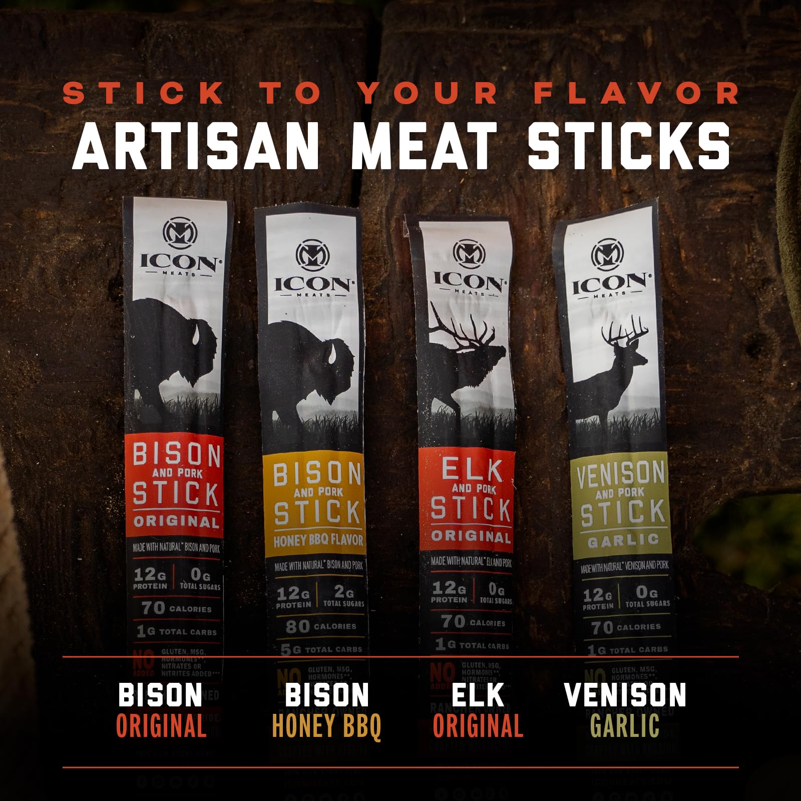 ICON Meats Honey BBQ Bison & Pork sticks with savory glaze.